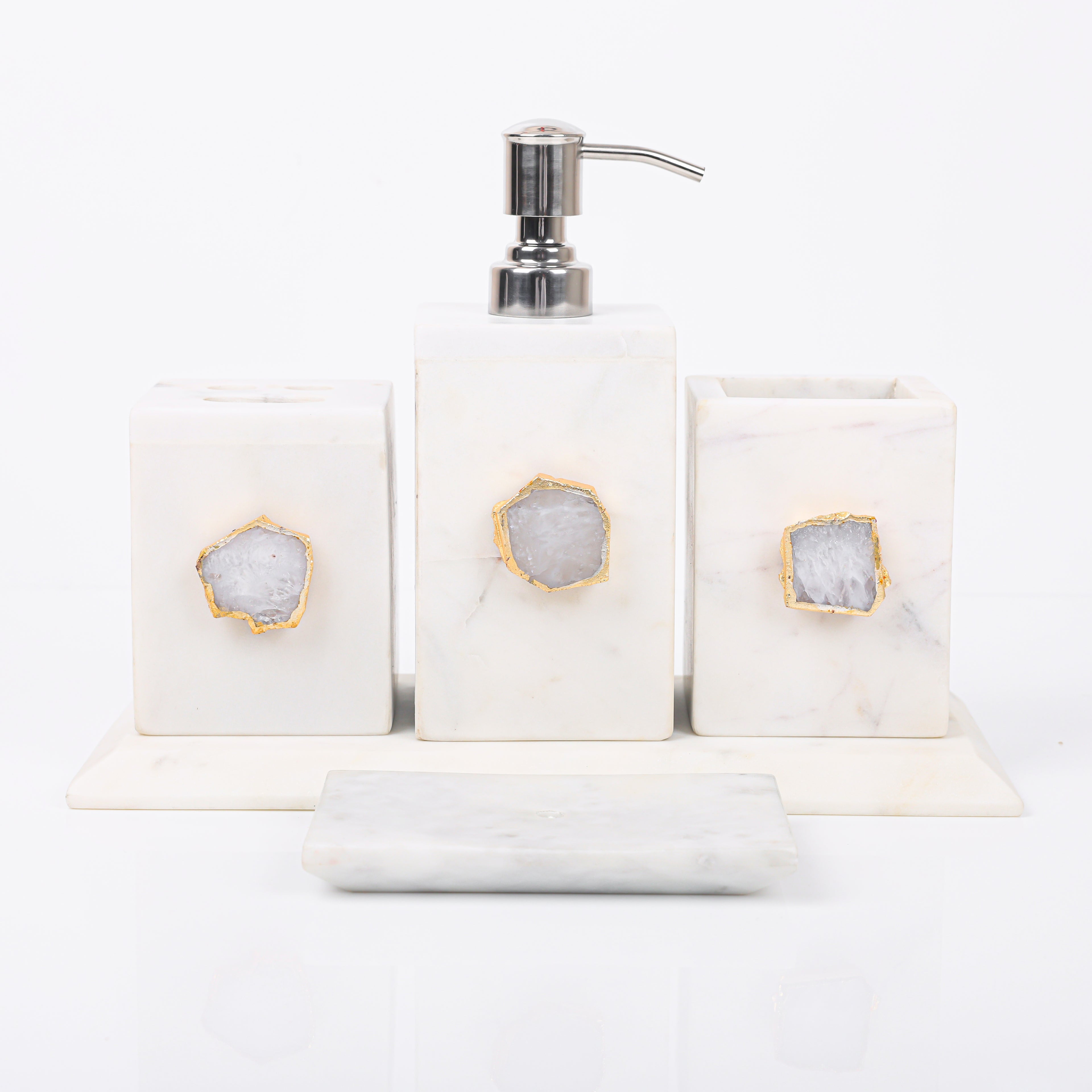 White Marble with White Agate Bathroom Set, Set of 5