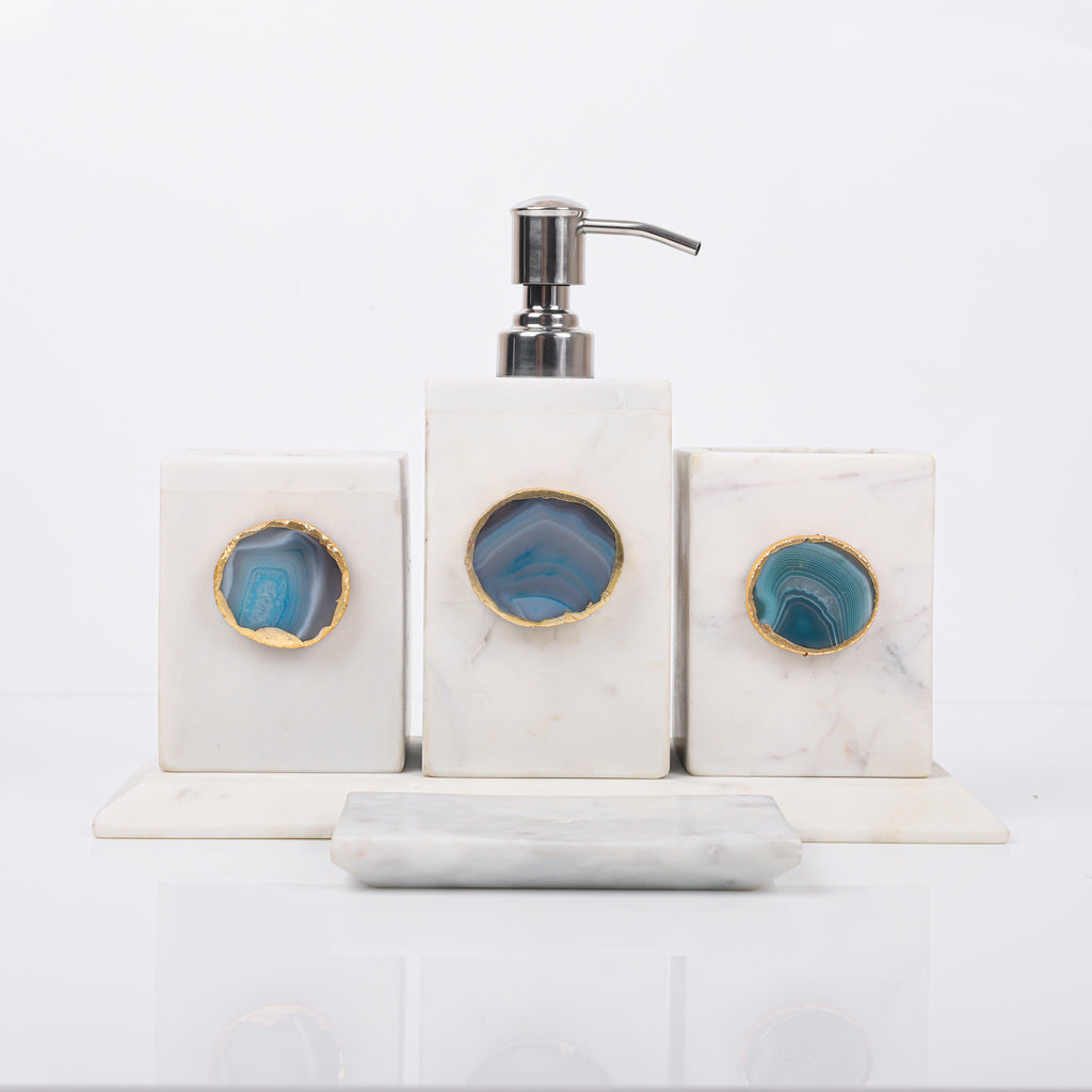 White Marble with Turquoise Agate Bathroom Set, Set of 5