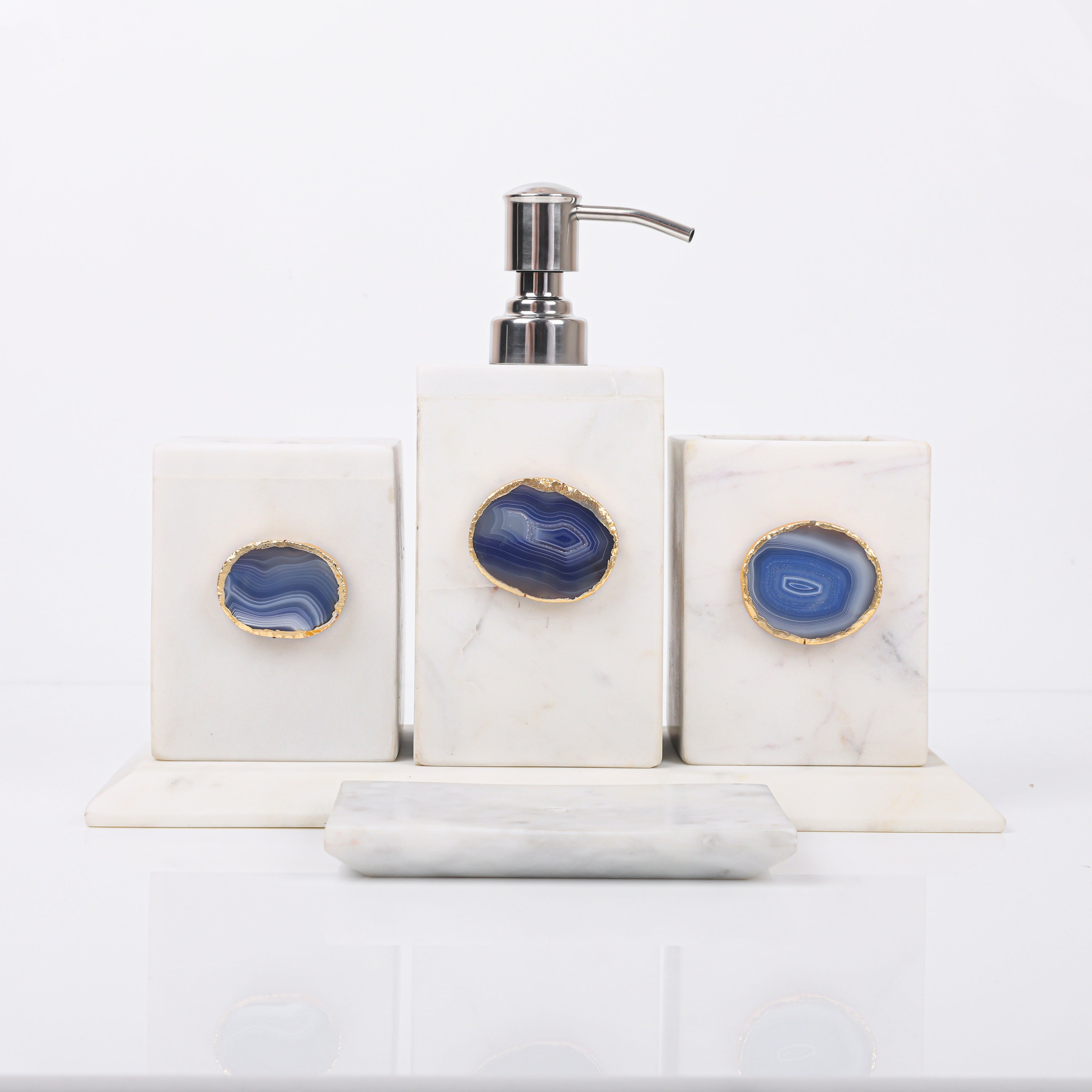 White Marble with Blue Agate Bathroom Set, Set of 5