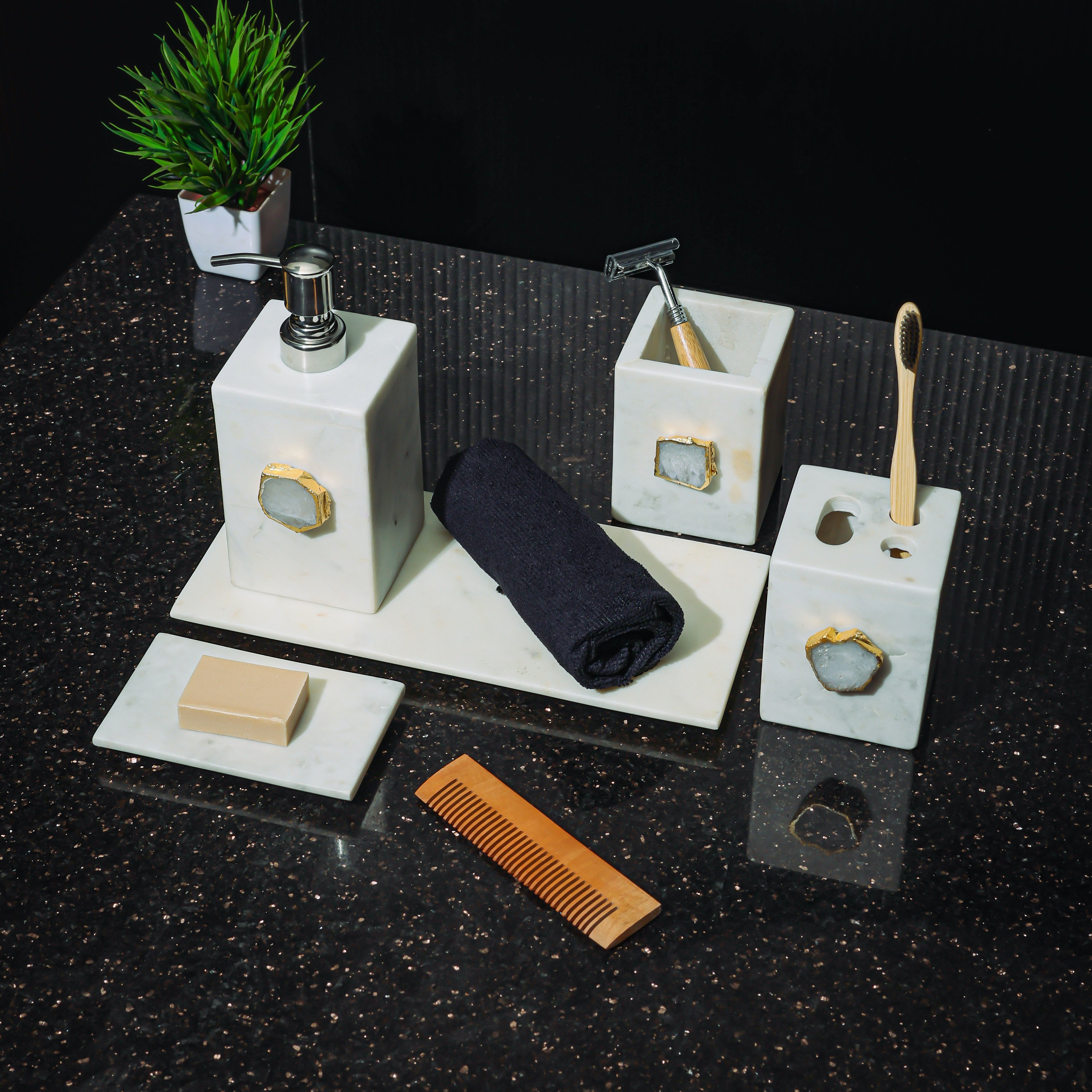 White Marble with White Agate Bathroom Set, Set of 5