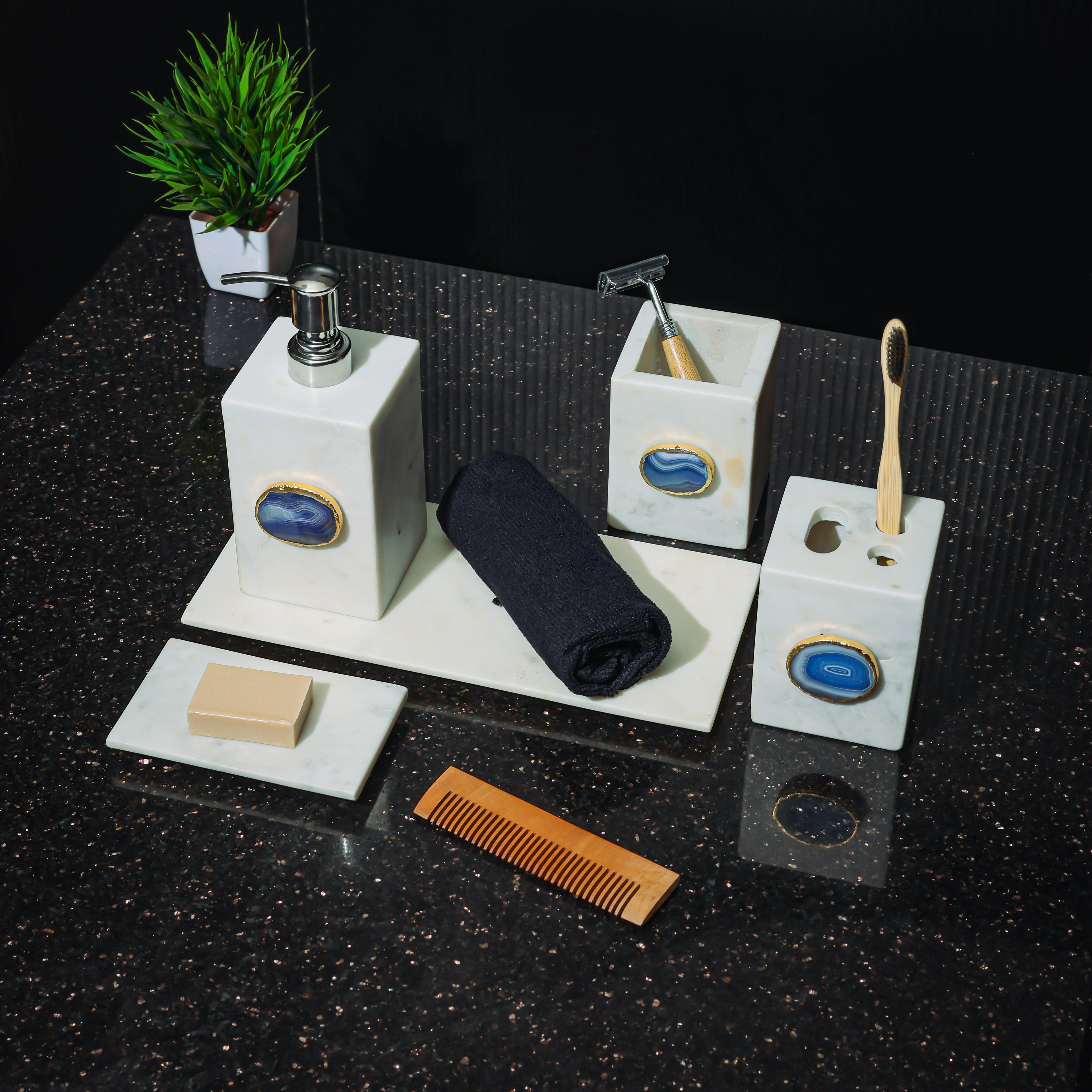 White Marble with Blue Agate Bathroom Set, Set of 5