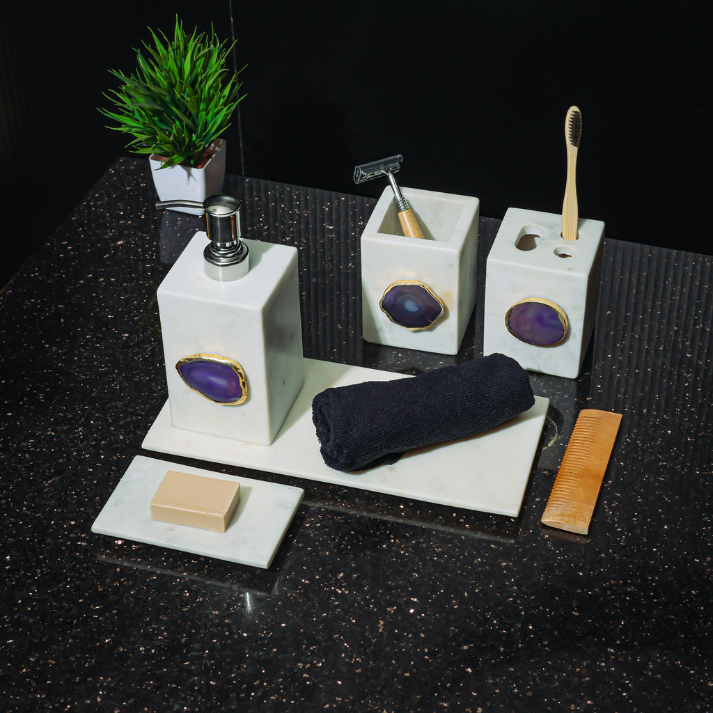 White Marble with Purple Agate Bathroom Set, Set of 5