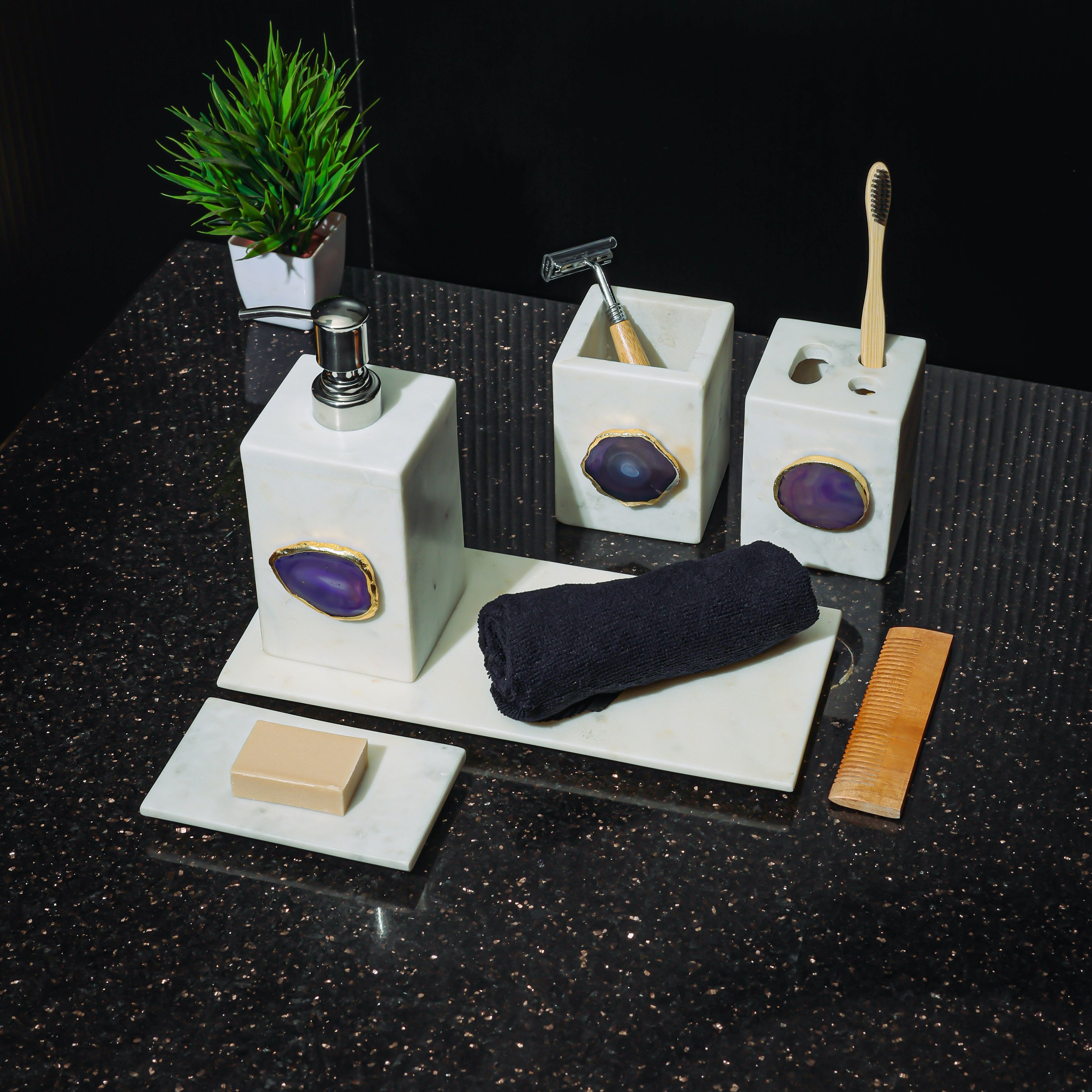 White Marble with Purple Agate Bathroom Set, Set of 5