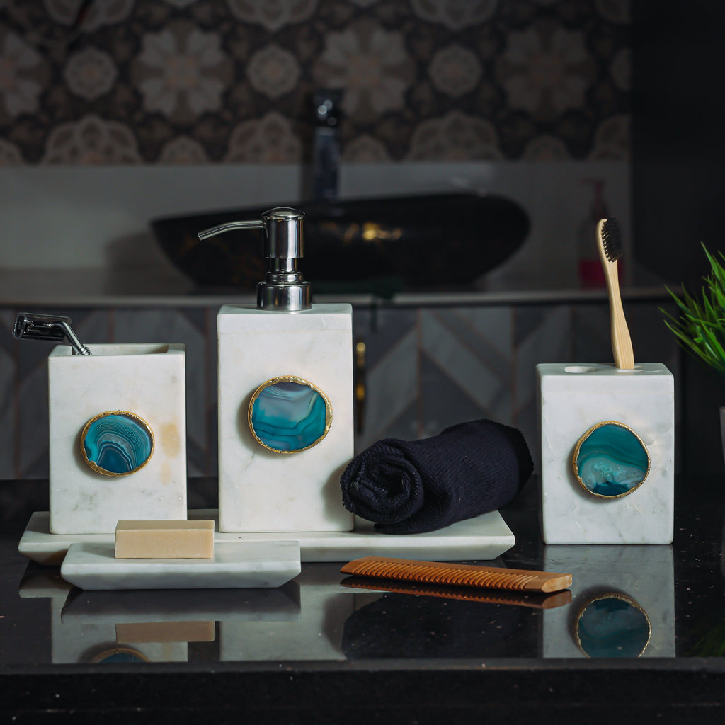 White Marble with Green Agate Bathroom Set, Set of 5