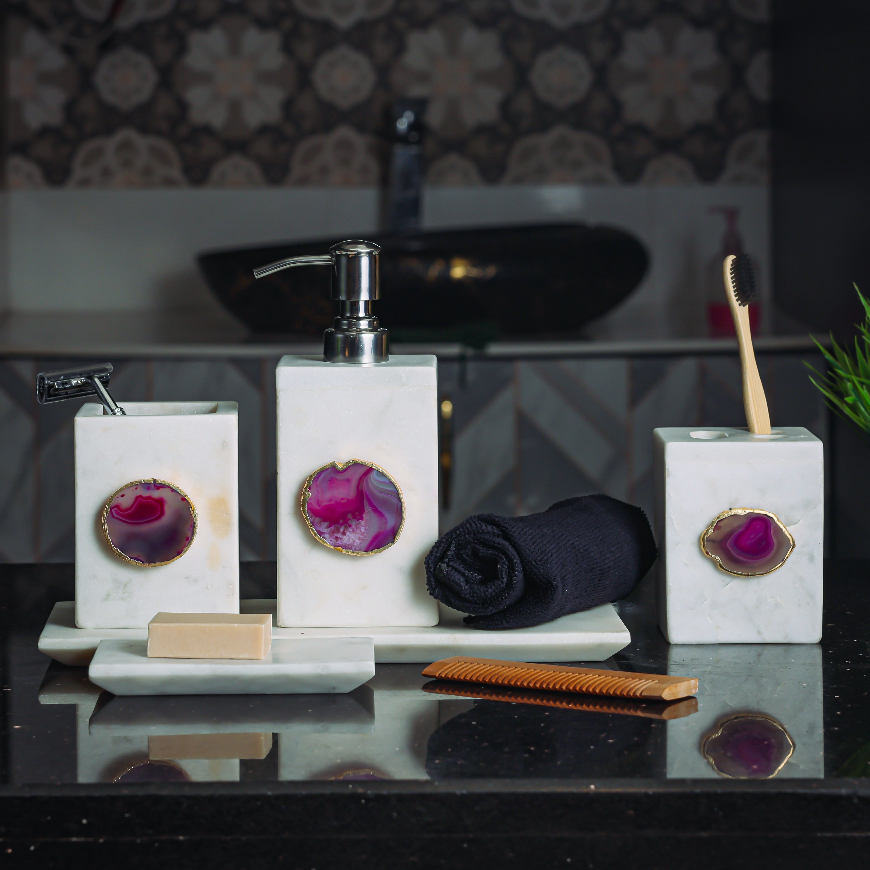 White Marble with Pink Agate Bathroom Set, Set of 5