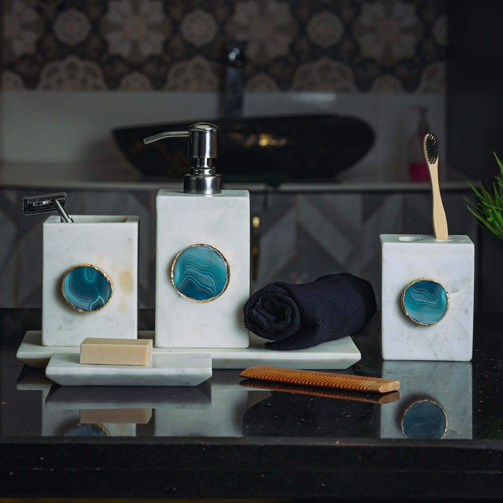 White Marble with Turquoise Agate Bathroom Set, Set of 5