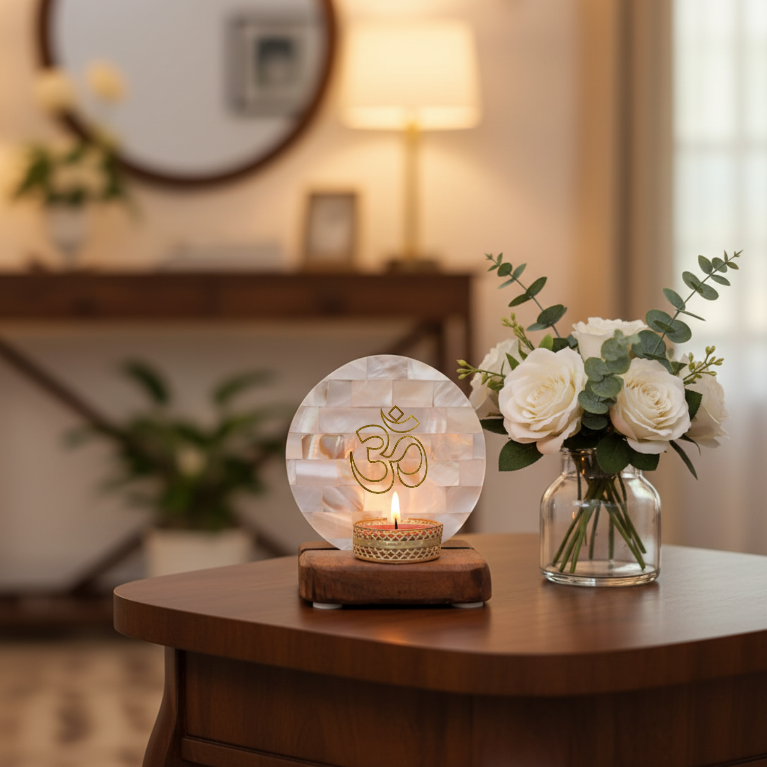 OM Tea Tea Light Holder Mother of Pearl with Wood