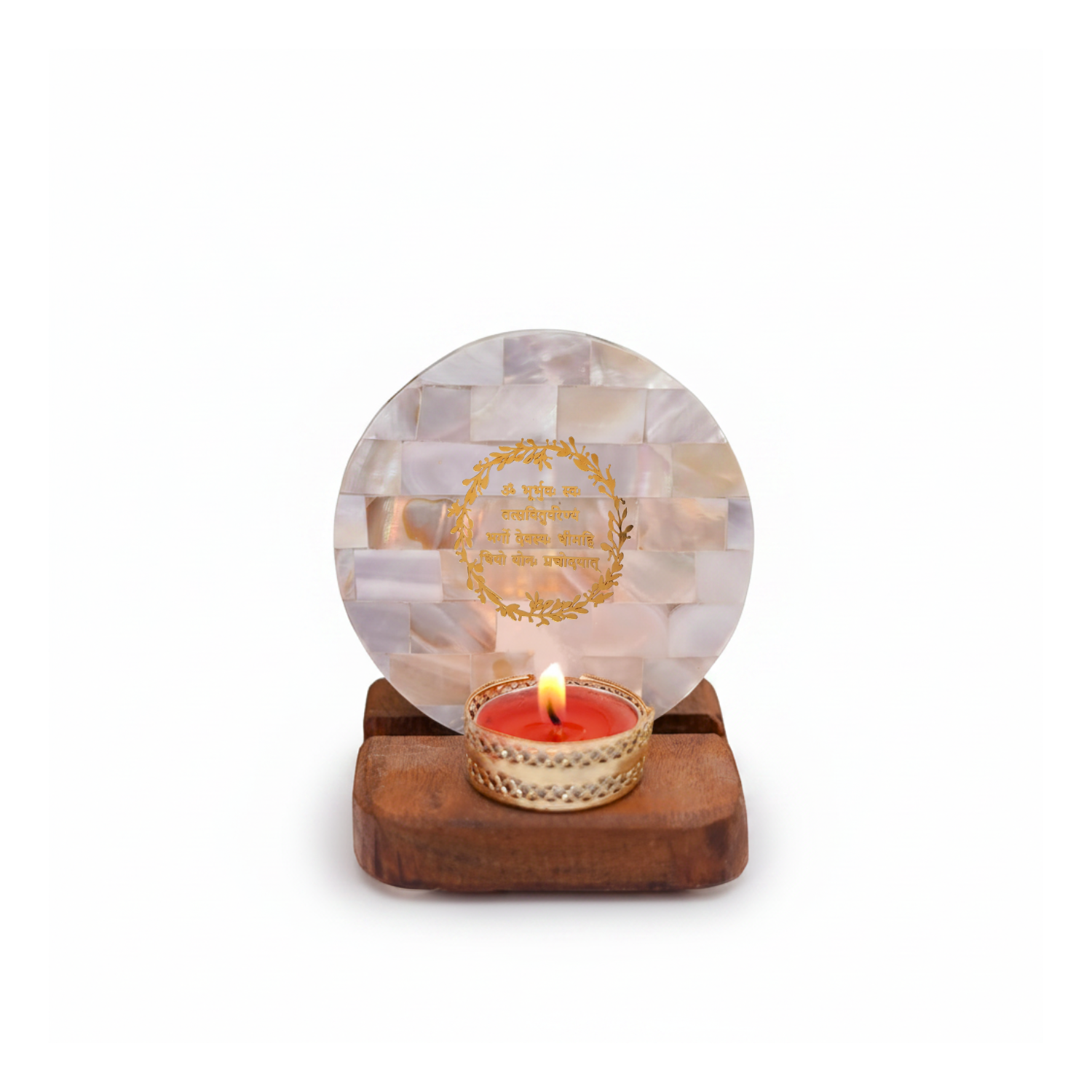 Gayatri Mantra  Tea Light Holder Mother of Pearl with Wood