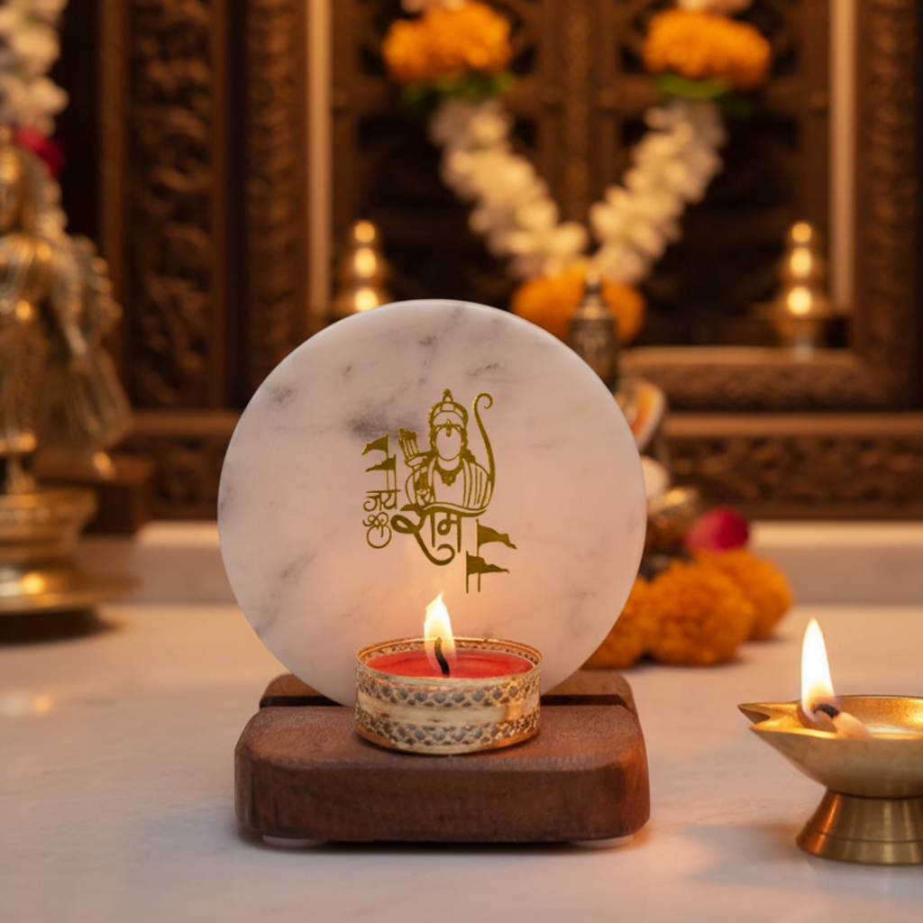 Jai Shree Ram Tea Light Holder Mother of Pearl with Wood Festive