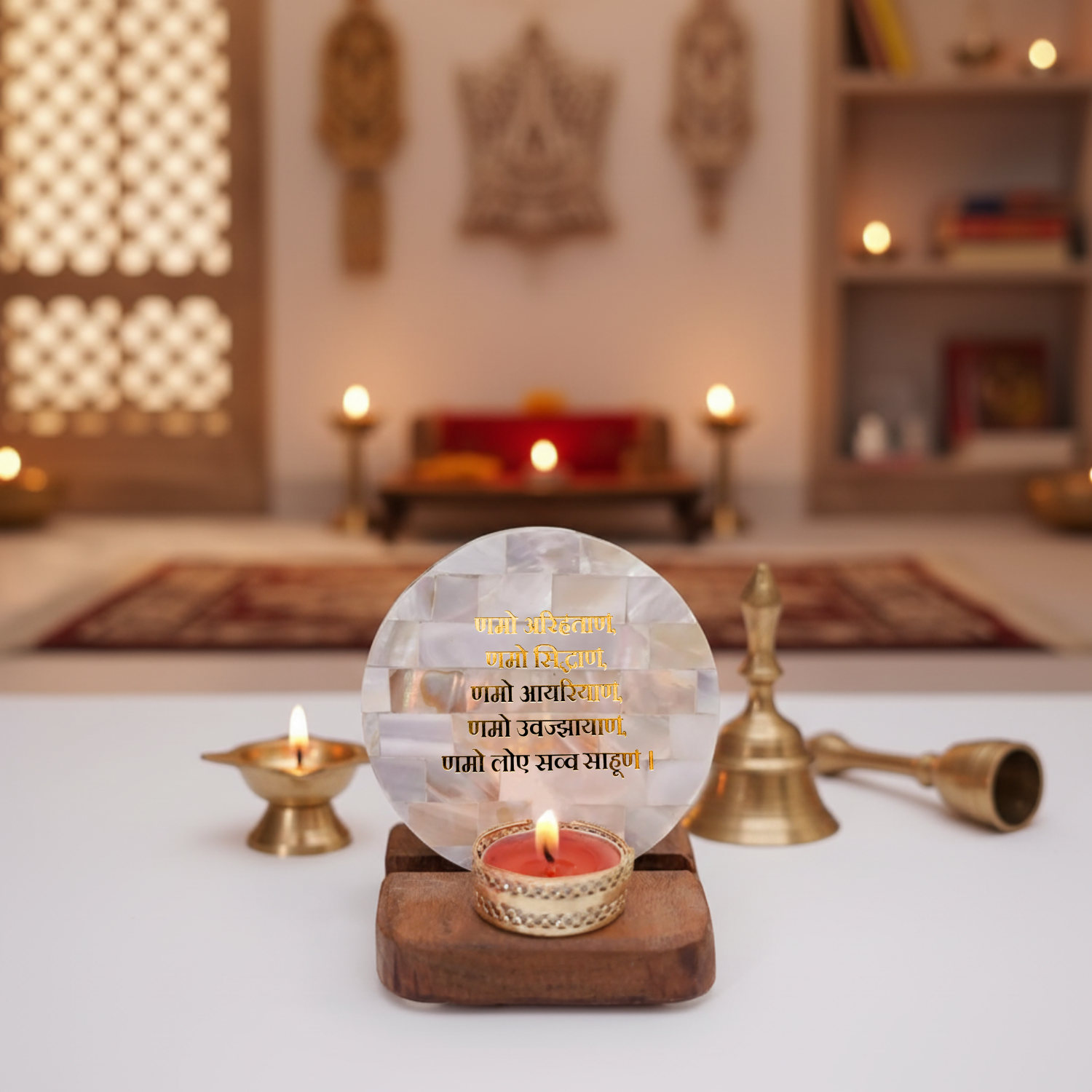 Namokar Mantra  Tea Light Holder Mother of Pearl with Wood