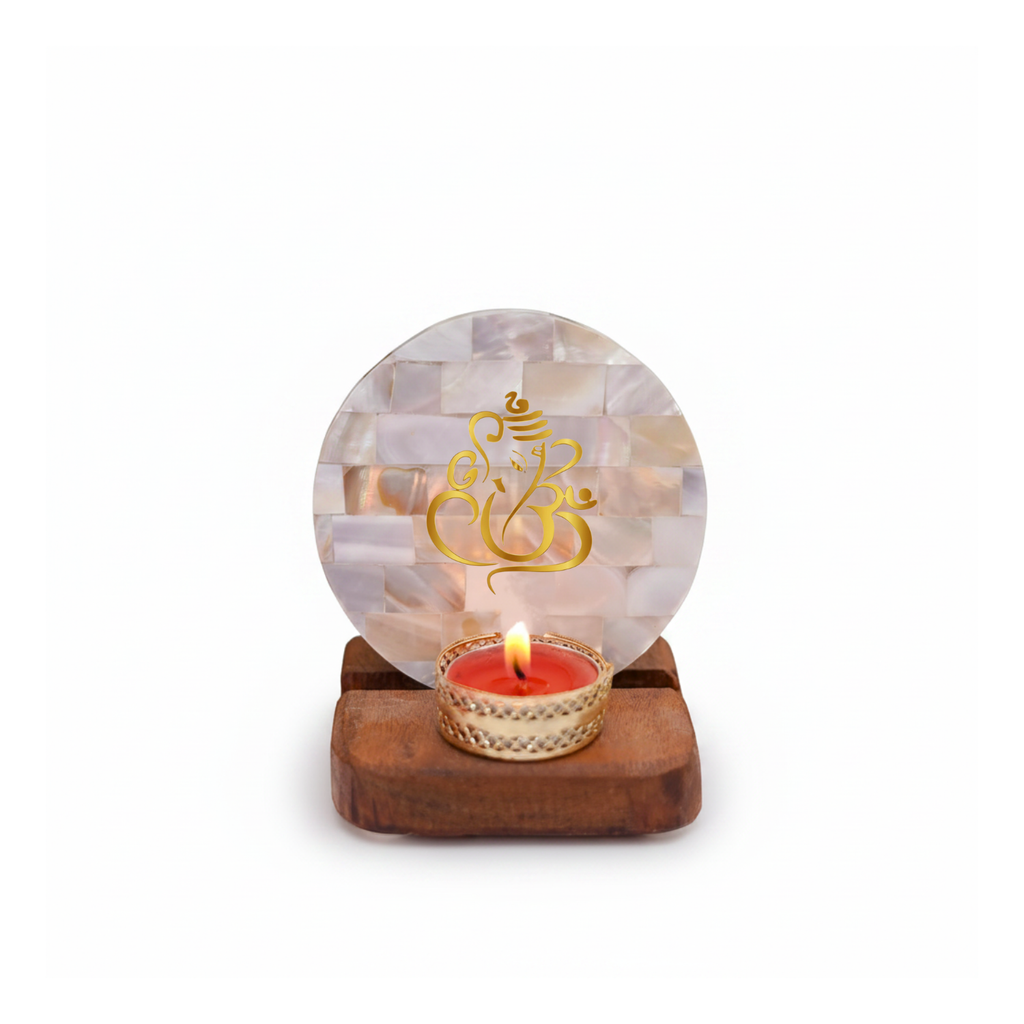 Ganesha Tea Light Holder Mother of Pearl with Wood Festive