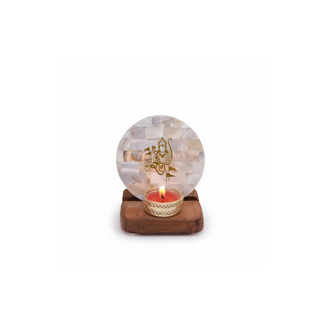 Jai Shree Ram Tea Light Holder Mother of Pearl with Wood Festive