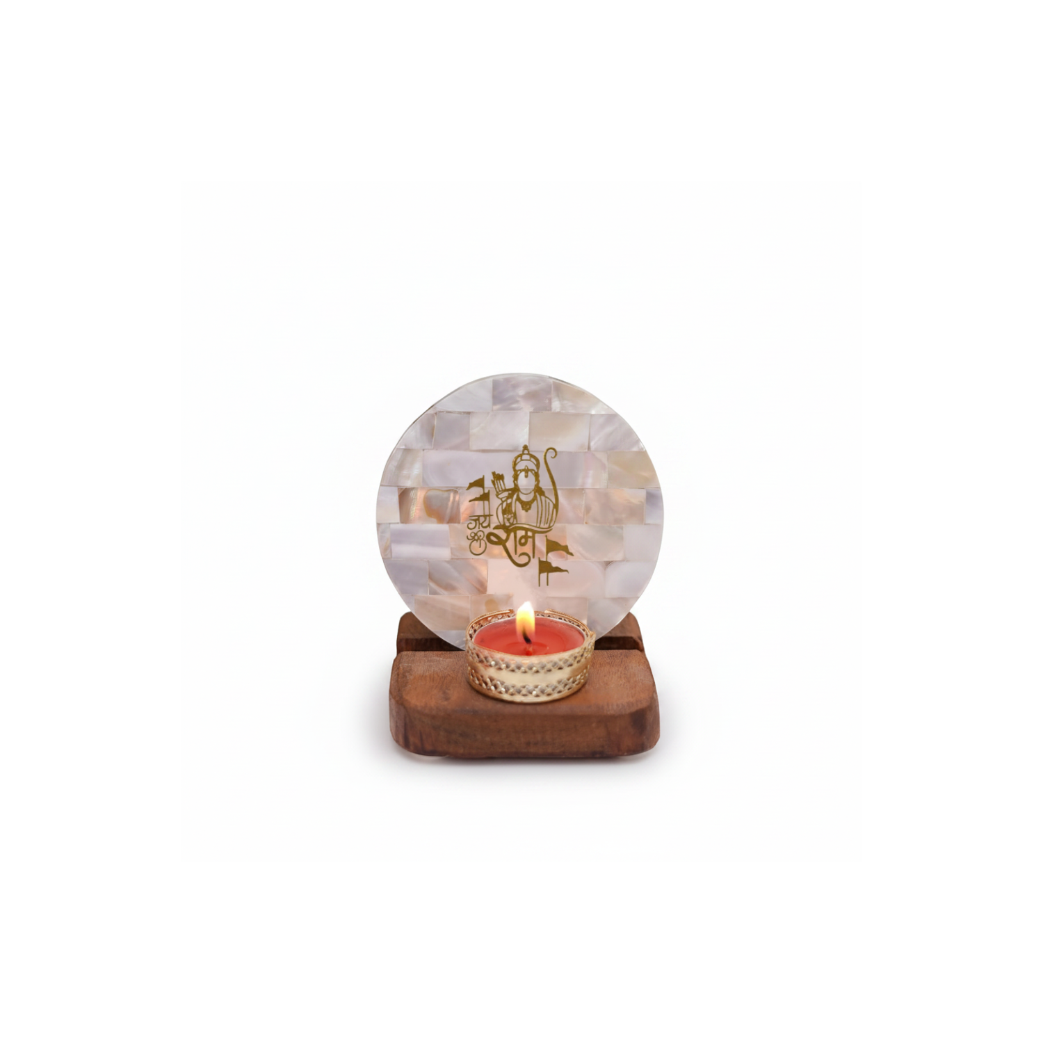 Jai Shree Ram Tea Light Holder Mother of Pearl with Wood Festive