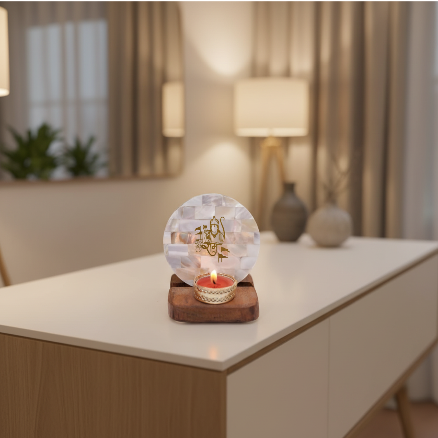 Jai Shree Ram Tea Light Holder Mother of Pearl with Wood Festive