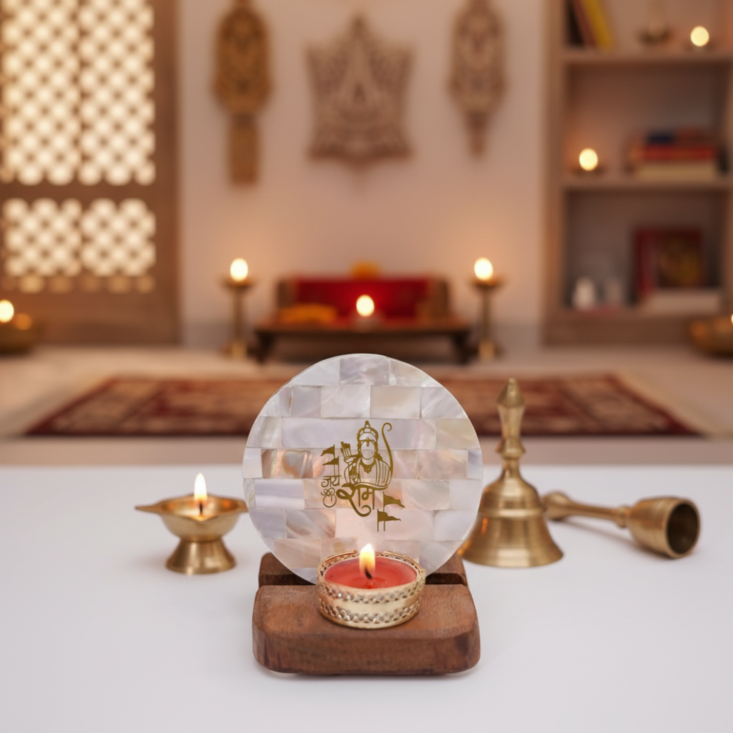 Jai Shree Ram Tea Light Holder Mother of Pearl with Wood Festive
