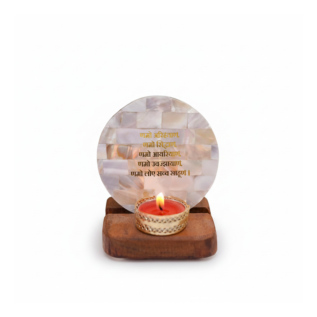 Namokar Mantra  Tea Light Holder Mother of Pearl with Wood