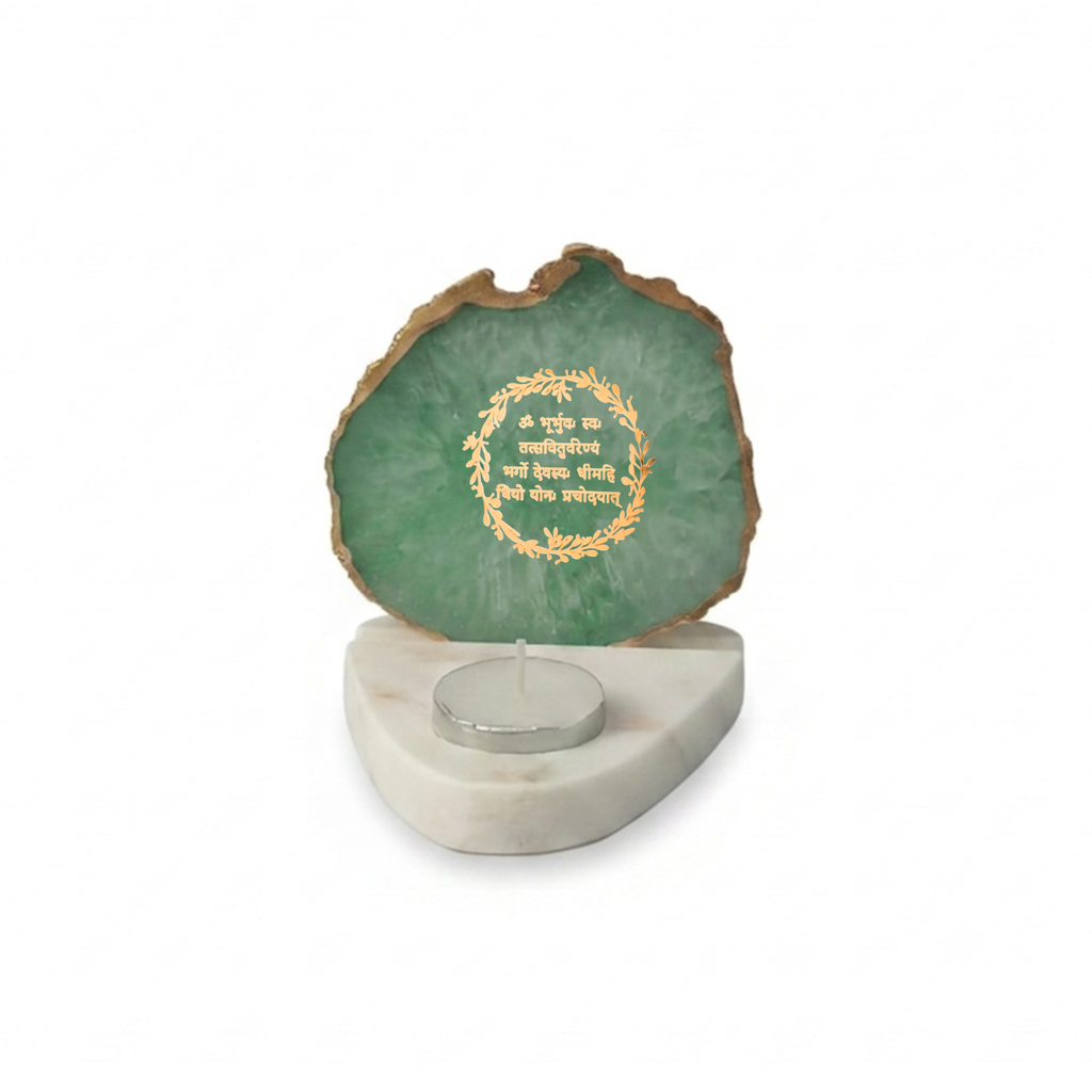 Gayatri Mantra Agate with Marble Base Back Side Tealight-Green