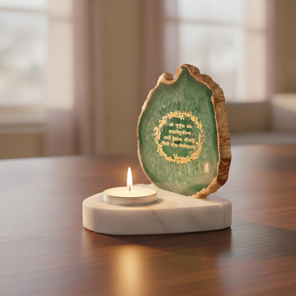 Gayatri Mantra Agate with Marble Base Back Side Tealight-Green