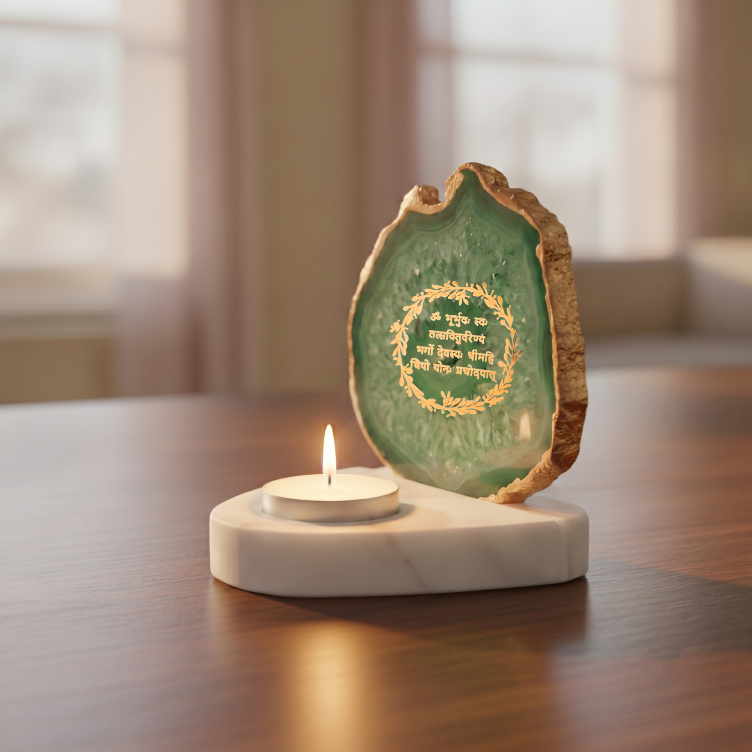 Gayatri Mantra Agate with Marble Base Back Side Tealight-Green