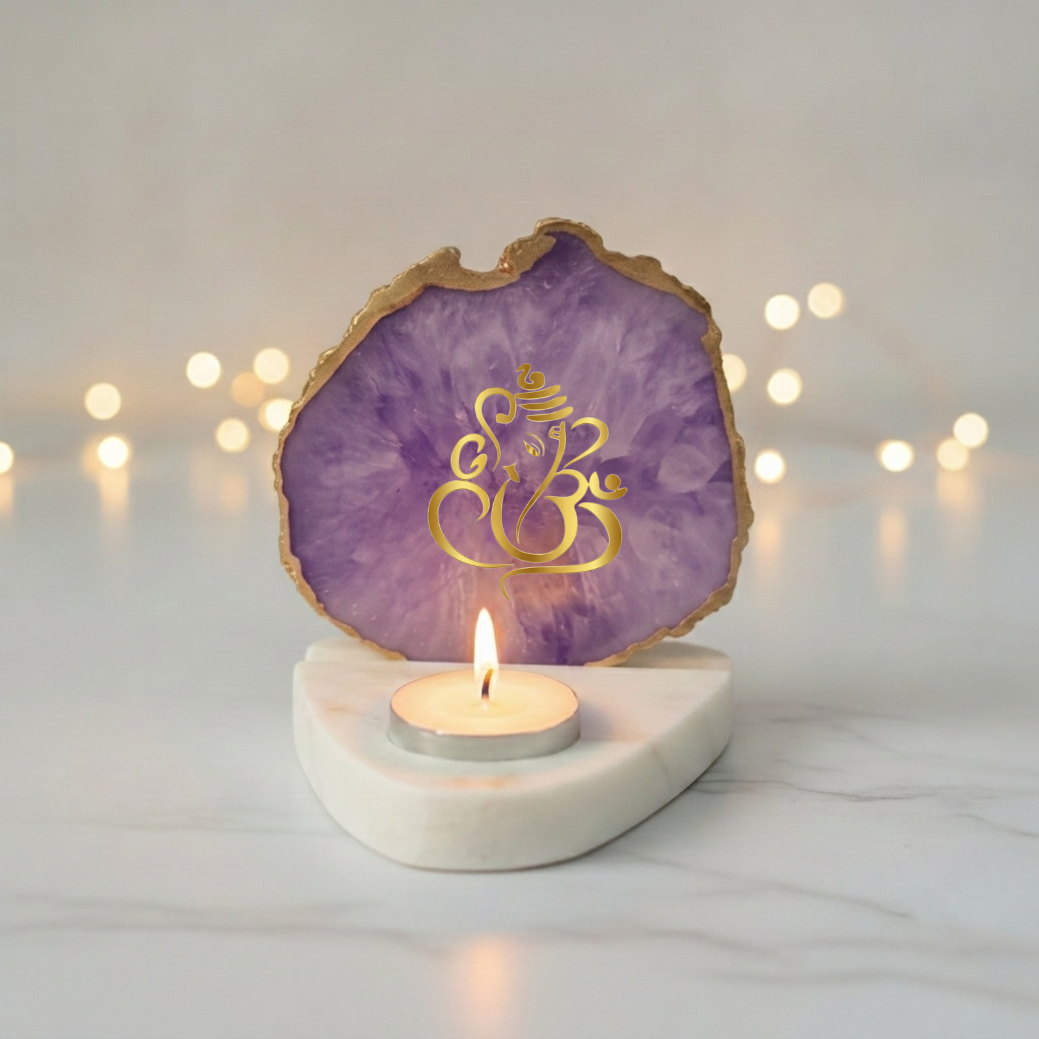 Ganesha Agate with Marble Base Front Side Tealight
