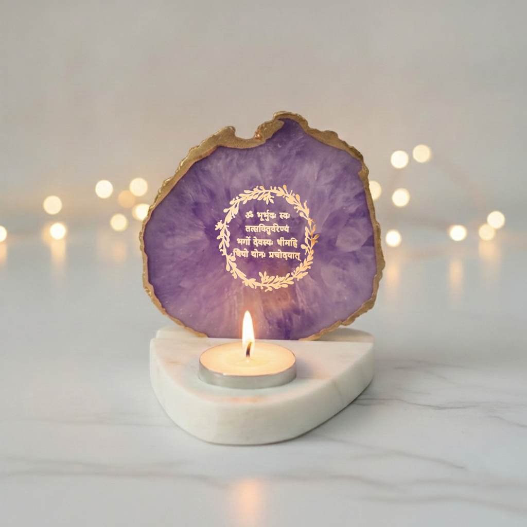 Gayatri Mantra Agate with Marble Base Back Side Tealight-Green