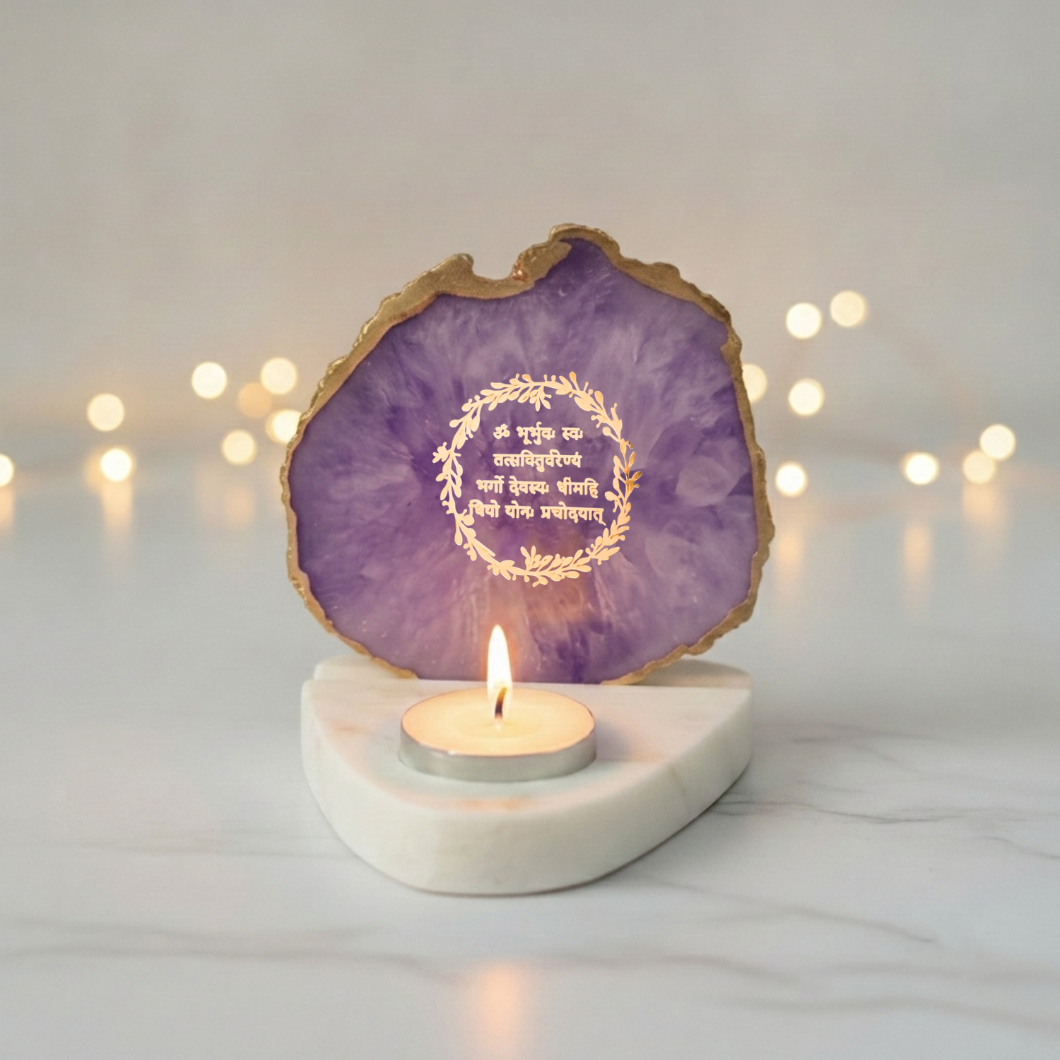 Gayatri Mantra Agate with Marble Base Back Side Tealight-Green