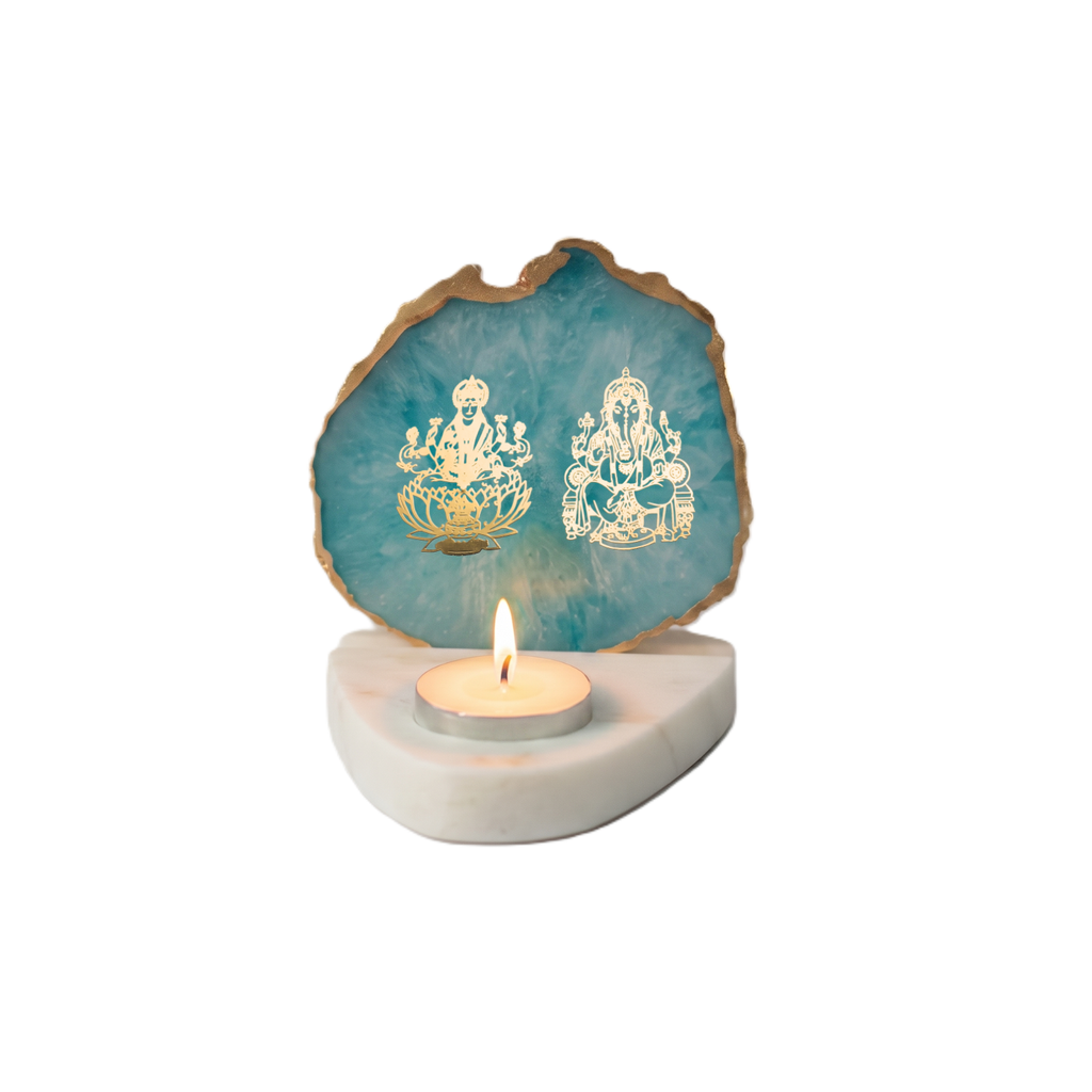 Laxmi Ganesha Agate with Marble Base Back Side Tealight