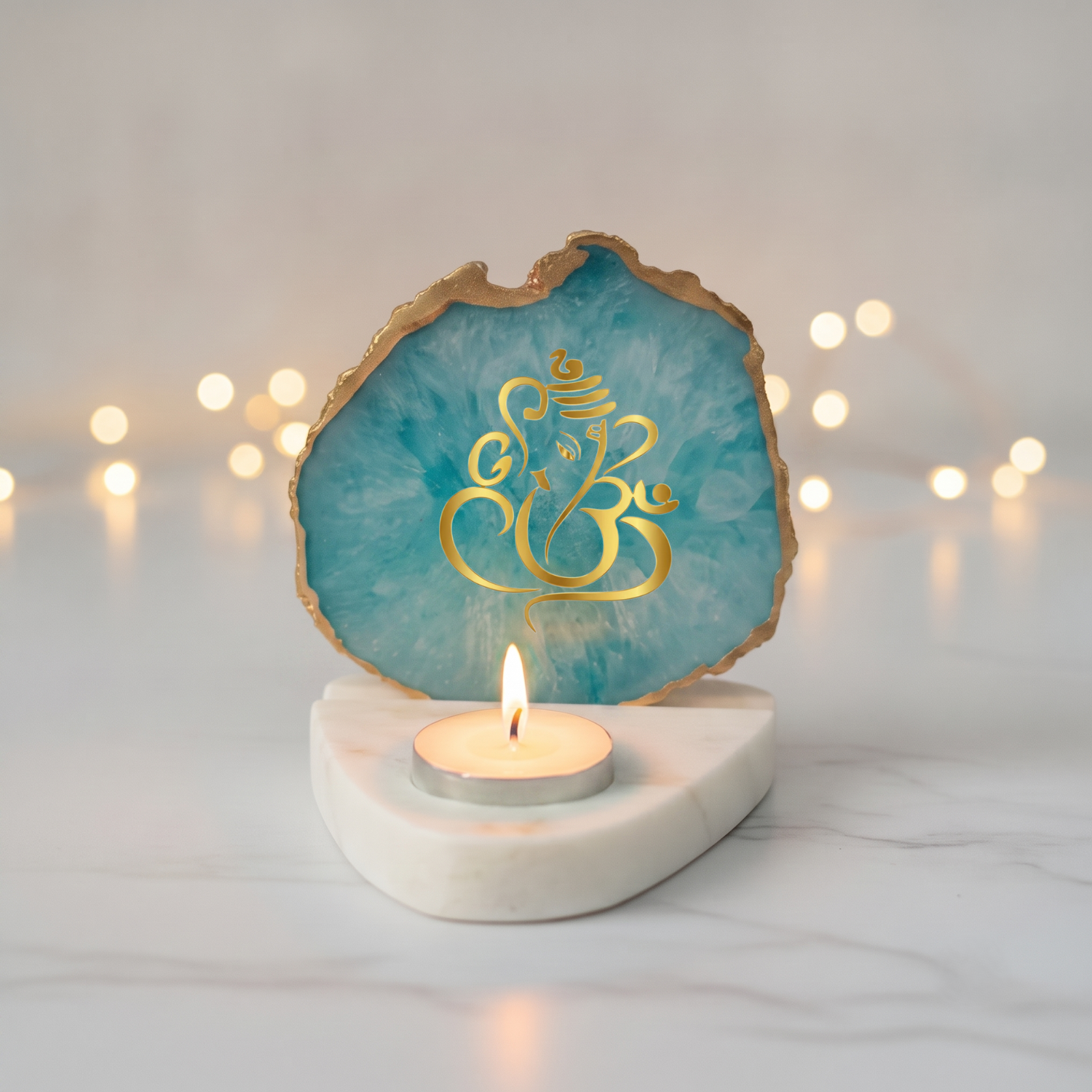 Ganesha Agate with Marble Base Front Side Tealight