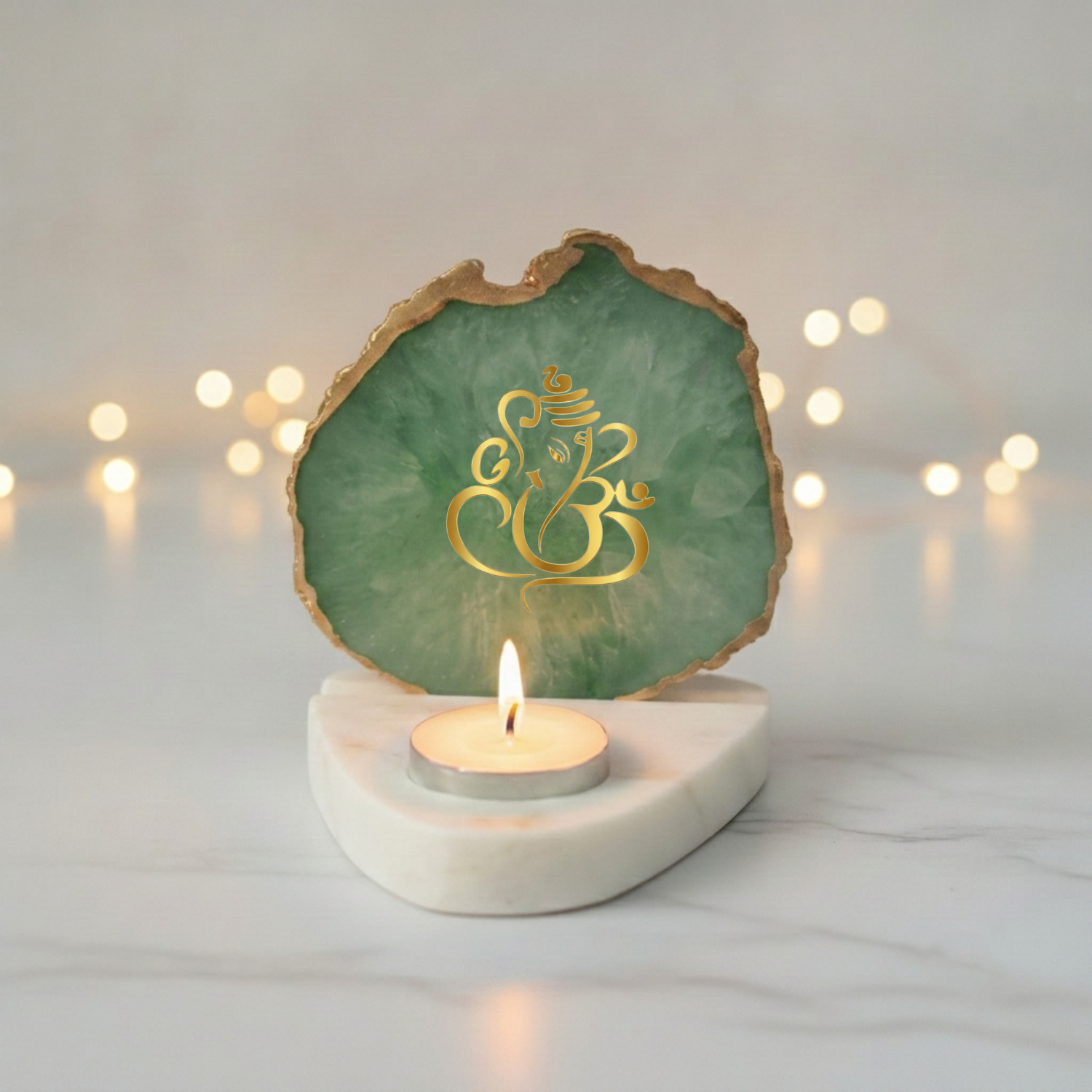 Ganesha Agate with Marble Base Front Side Tealight