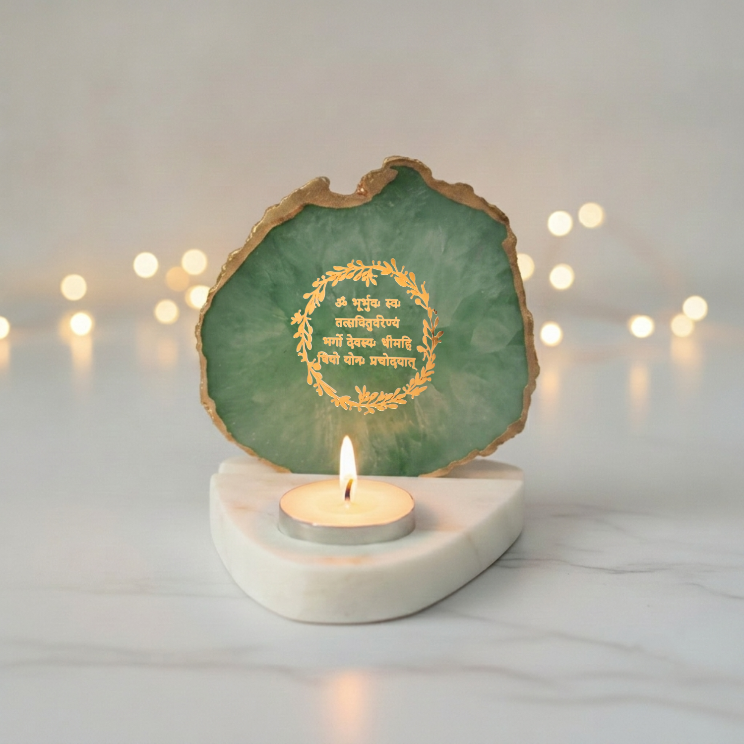 Gayatri Mantra Agate with Marble Base Back Side Tealight-Green
