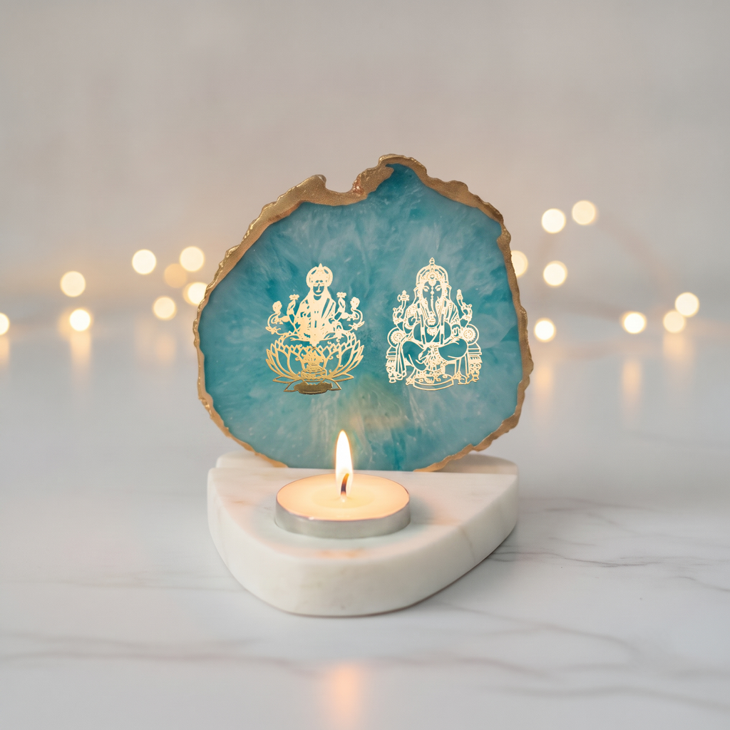 Laxmi Ganesha Agate with Marble Base Back Side Tealight