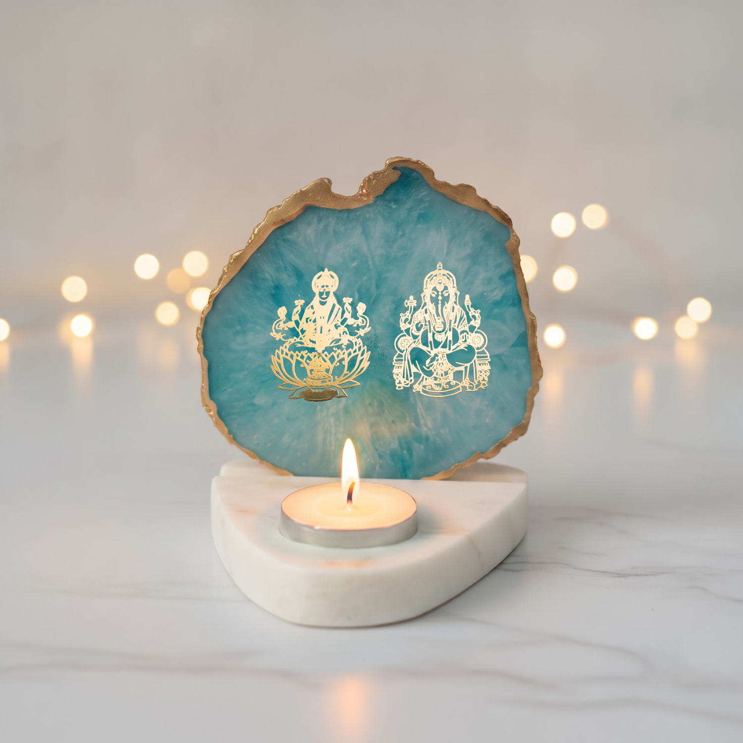 Laxmi Ganesha Agate with Marble Base Back Side Tealight