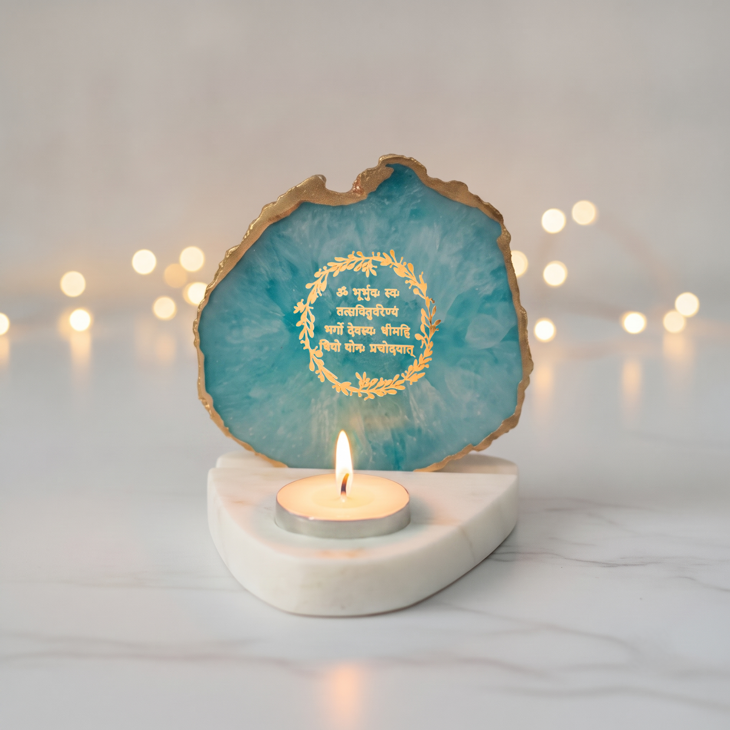 Gayatri Mantra Agate with Marble Base Back Side Tealight-Green