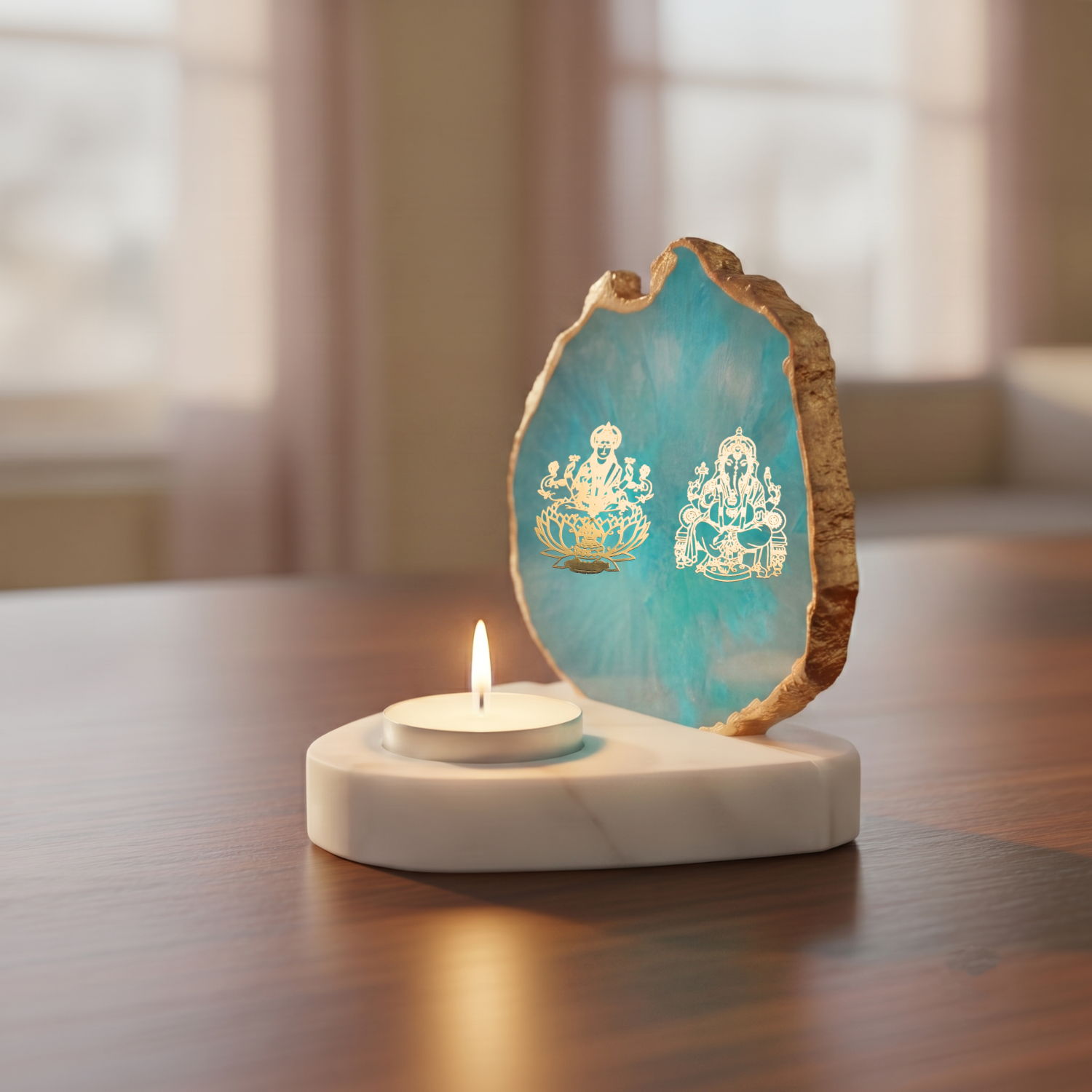 Laxmi Ganesha Agate with Marble Base Back Side Tealight