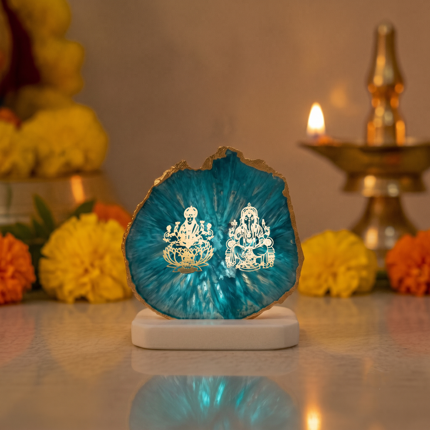 Laxmi Ganesha Agate with Marble Base Back Side Tealight