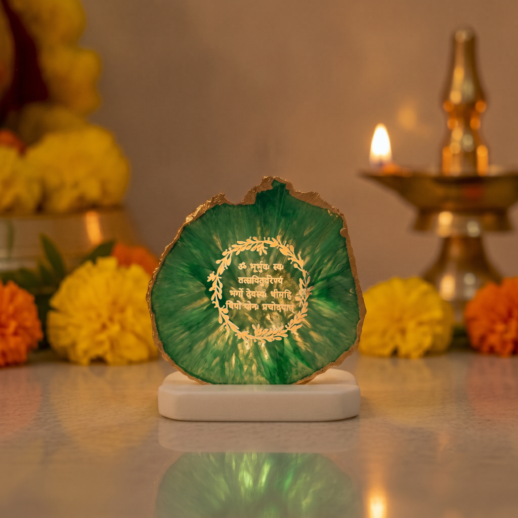 Gayatri Mantra Agate with Marble Base Back Side Tealight-Green