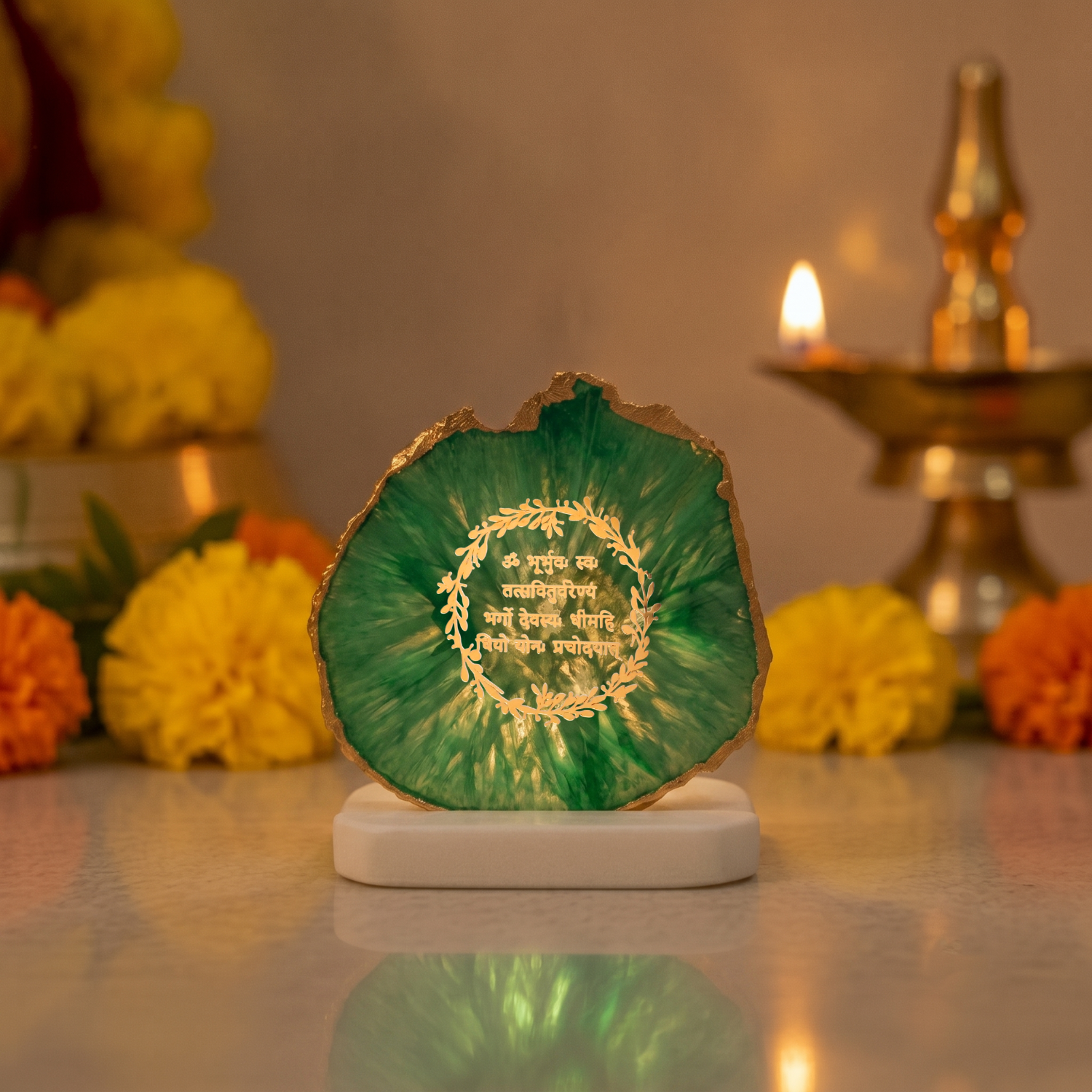 Gayatri Mantra Agate with Marble Base Back Side Tealight-Green