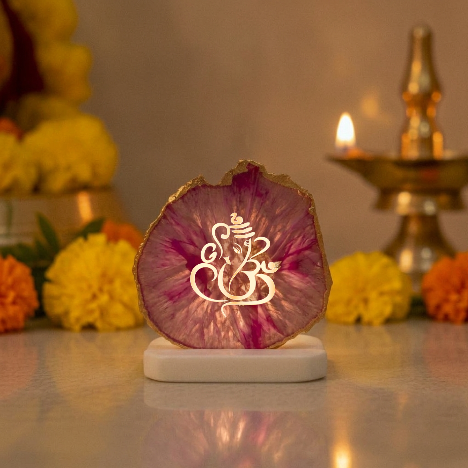 Ganesha Agate with Marble Base Front Side Tealight