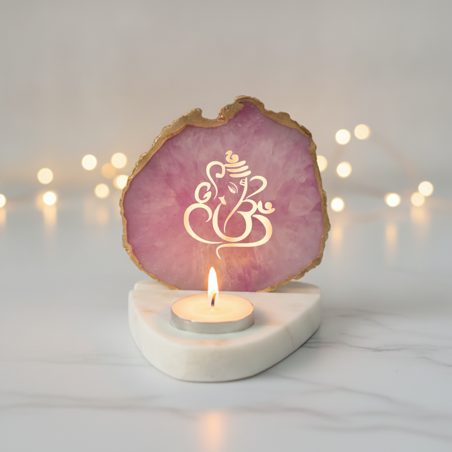 Ganesha Agate with Marble Base Front Side Tealight