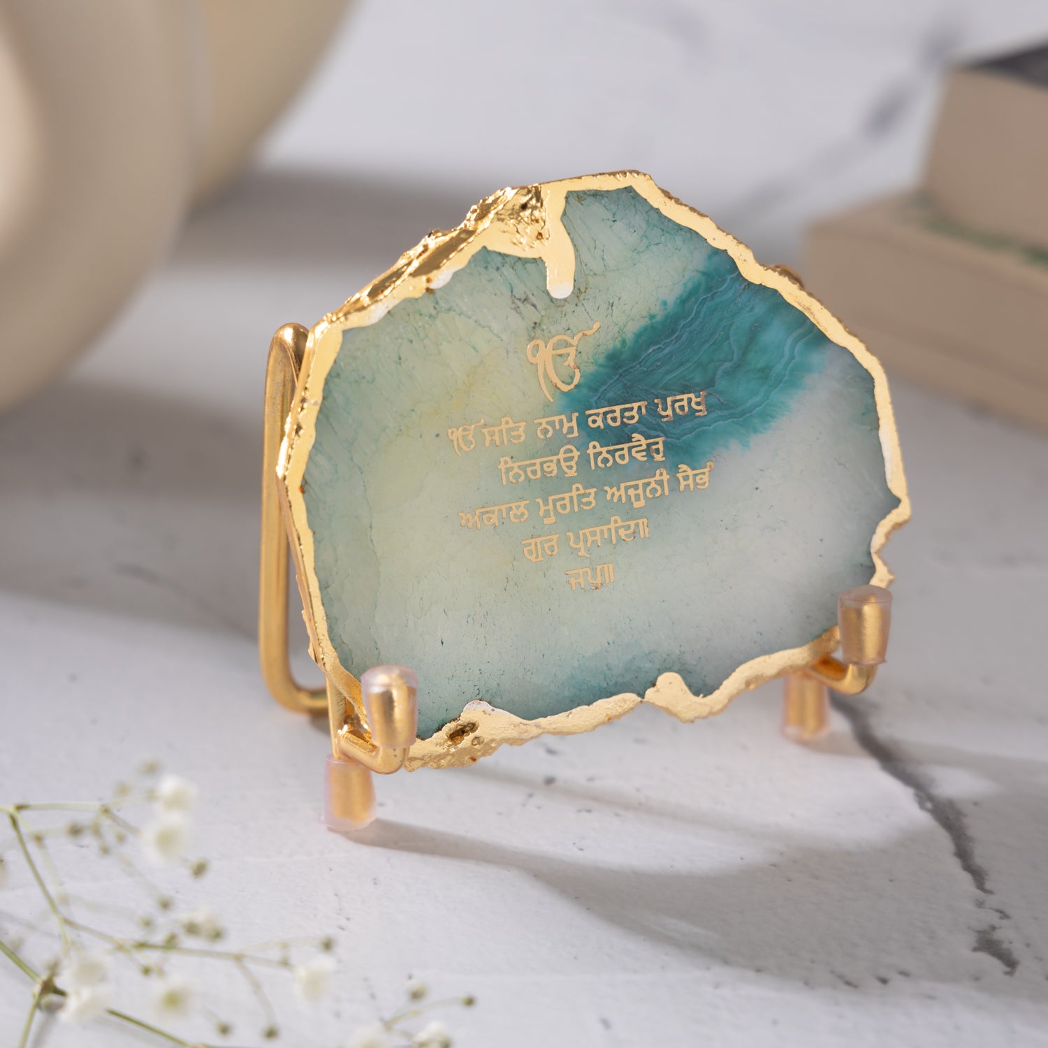 Ik Onkar Mantra Green Agate Metal Showpeice