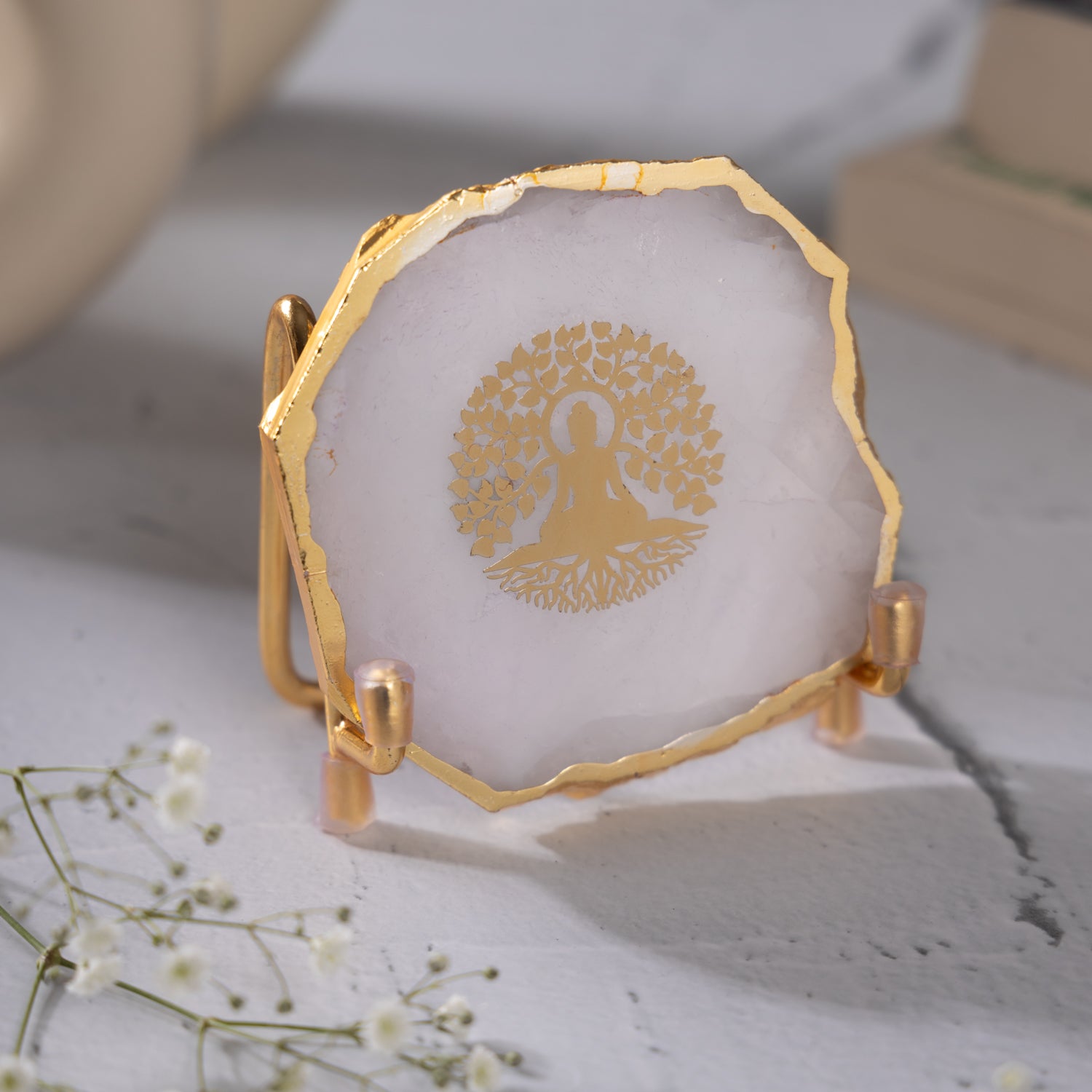 Budha Tree White Agate Metal Showpeice