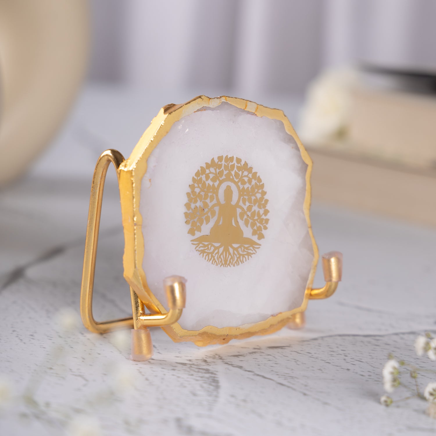 Budha Tree White Agate Metal Showpeice