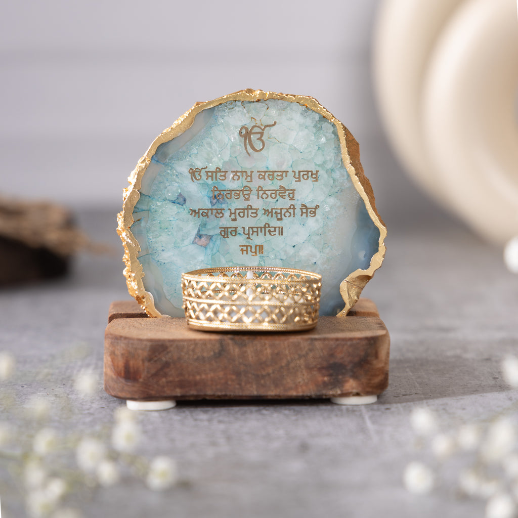 Ik Onkar Mantra Turquoise Agate Tealight Wooden