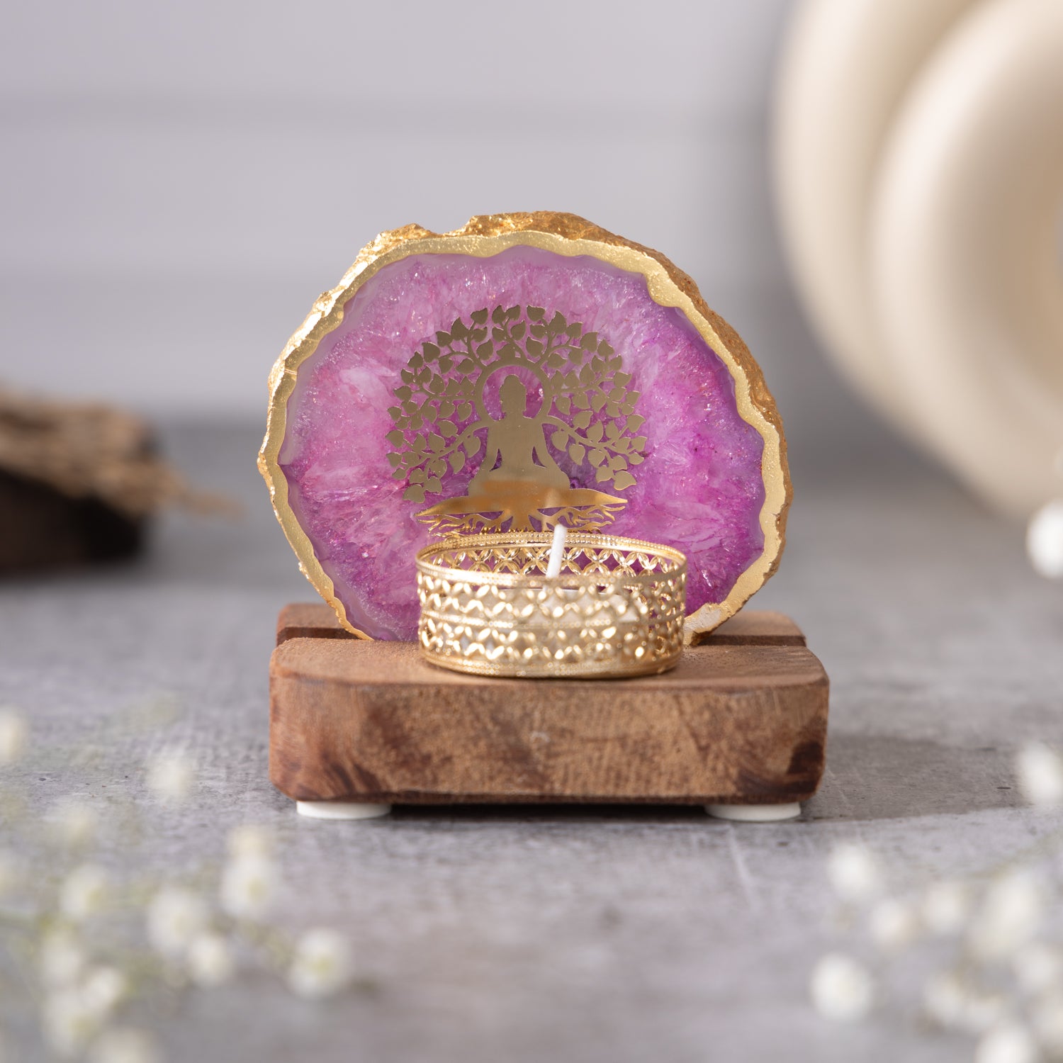 Budha Tree Pink Agate Tealight Wooden