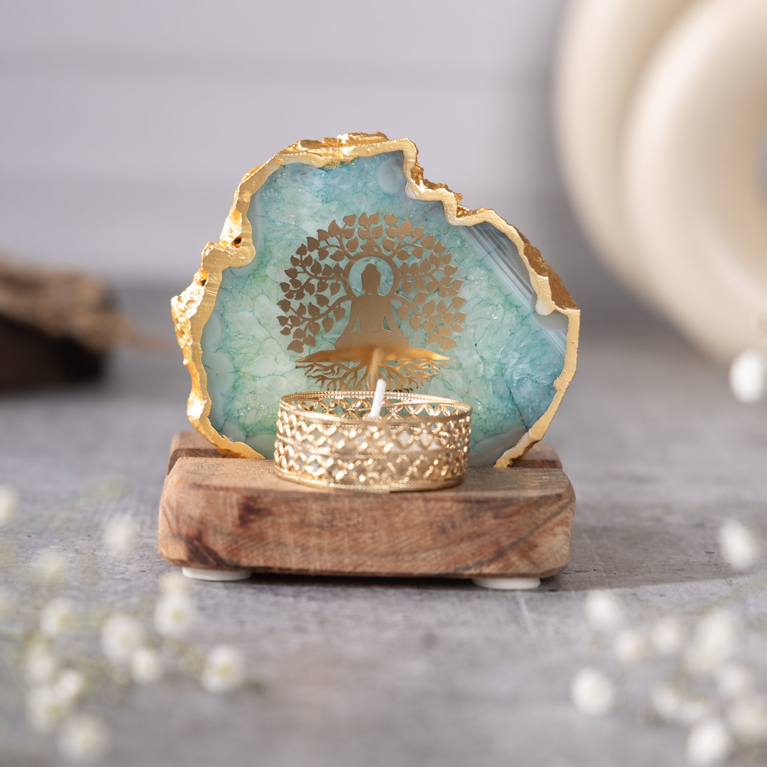 Budha Tree Turquoise Agate Tealight Wooden