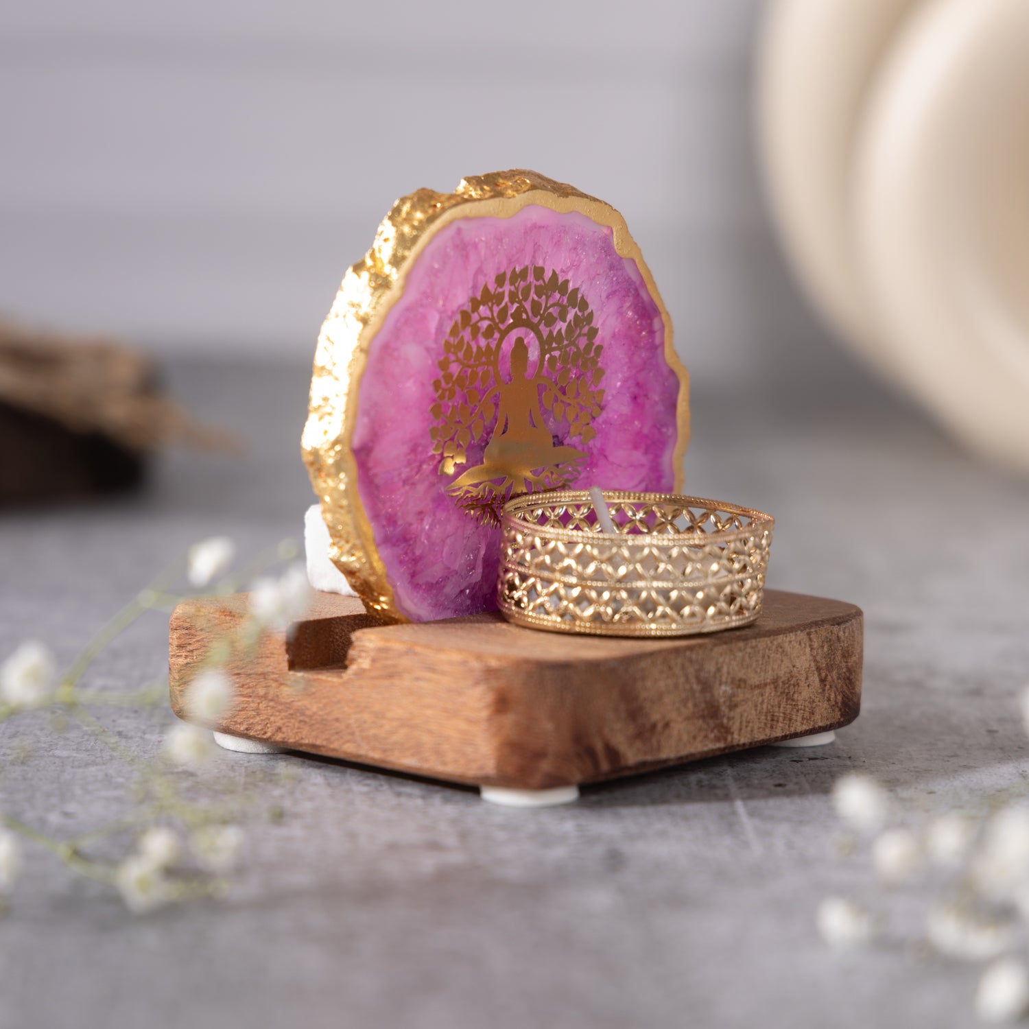 Budha Tree Pink Agate Tealight Wooden