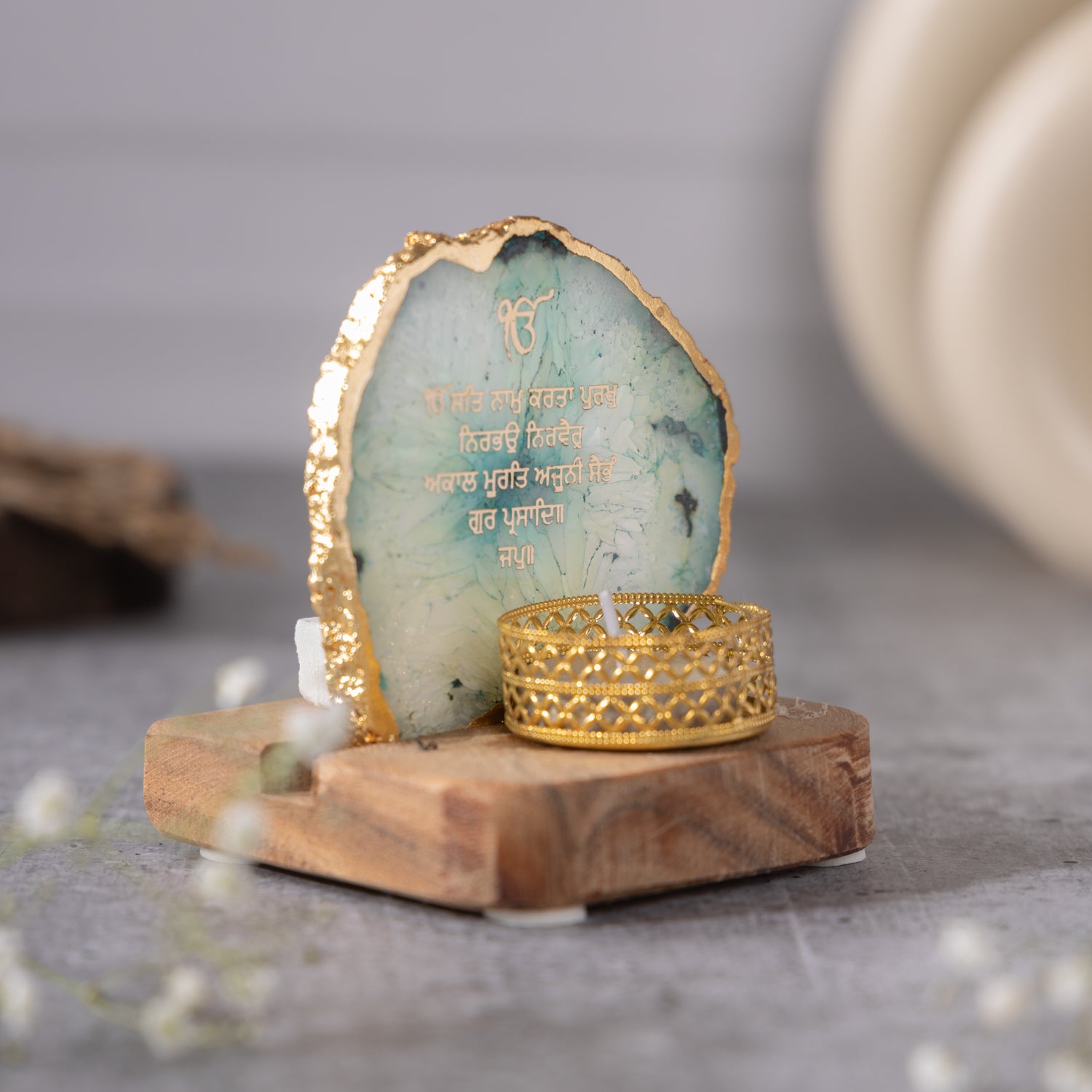 Ik Onkar Mantra Green Agate Tealight Wooden