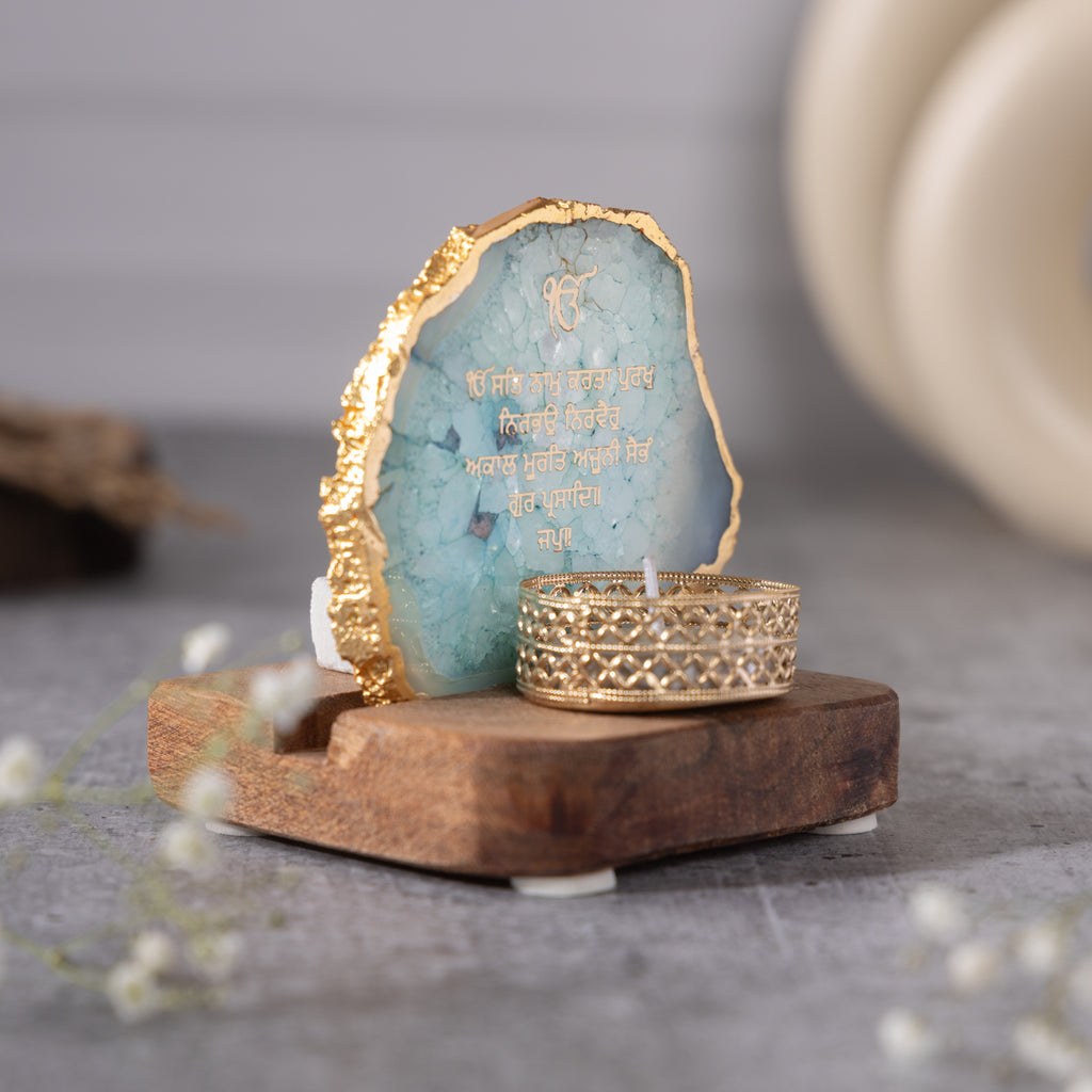 Ik Onkar Mantra Turquoise Agate Tealight Wooden