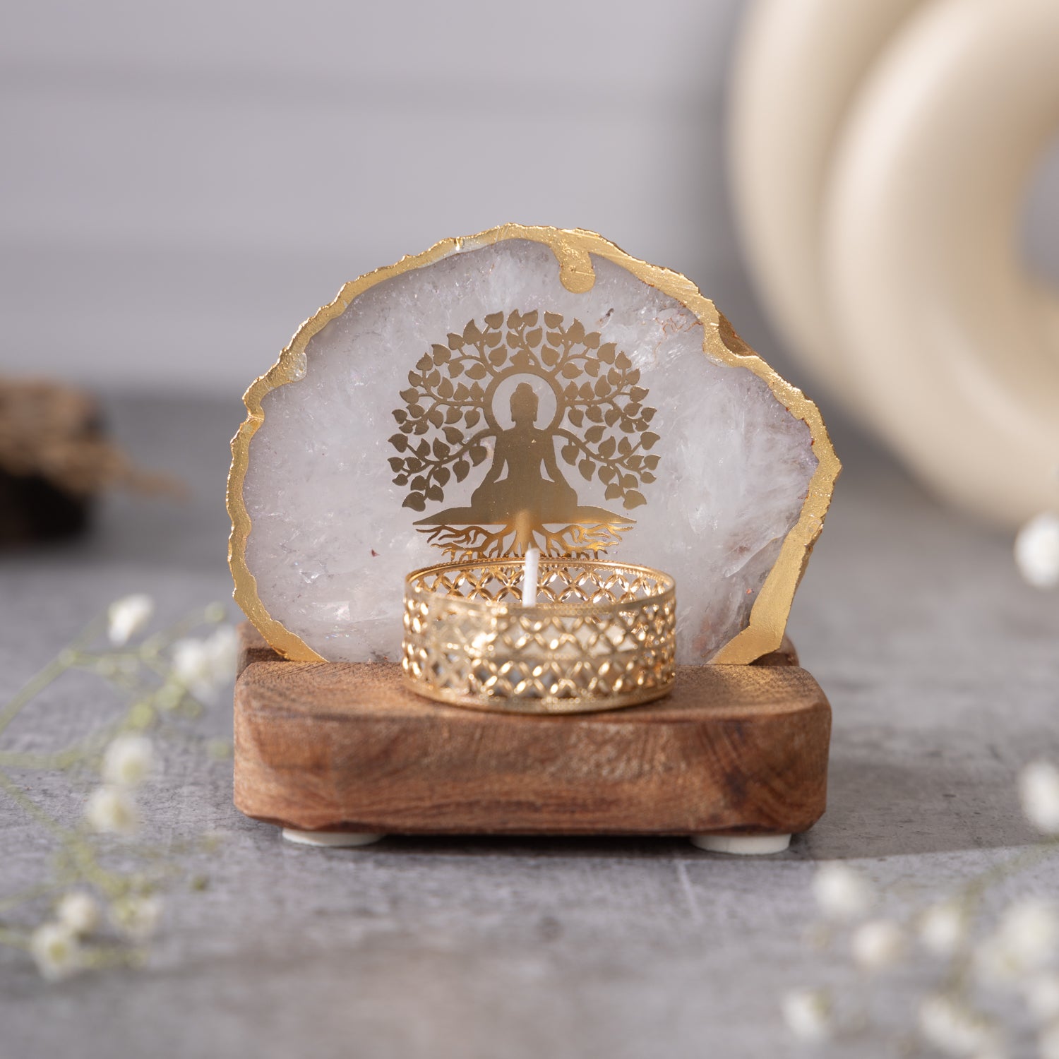 Budha Tree White Agate Tealight Wooden