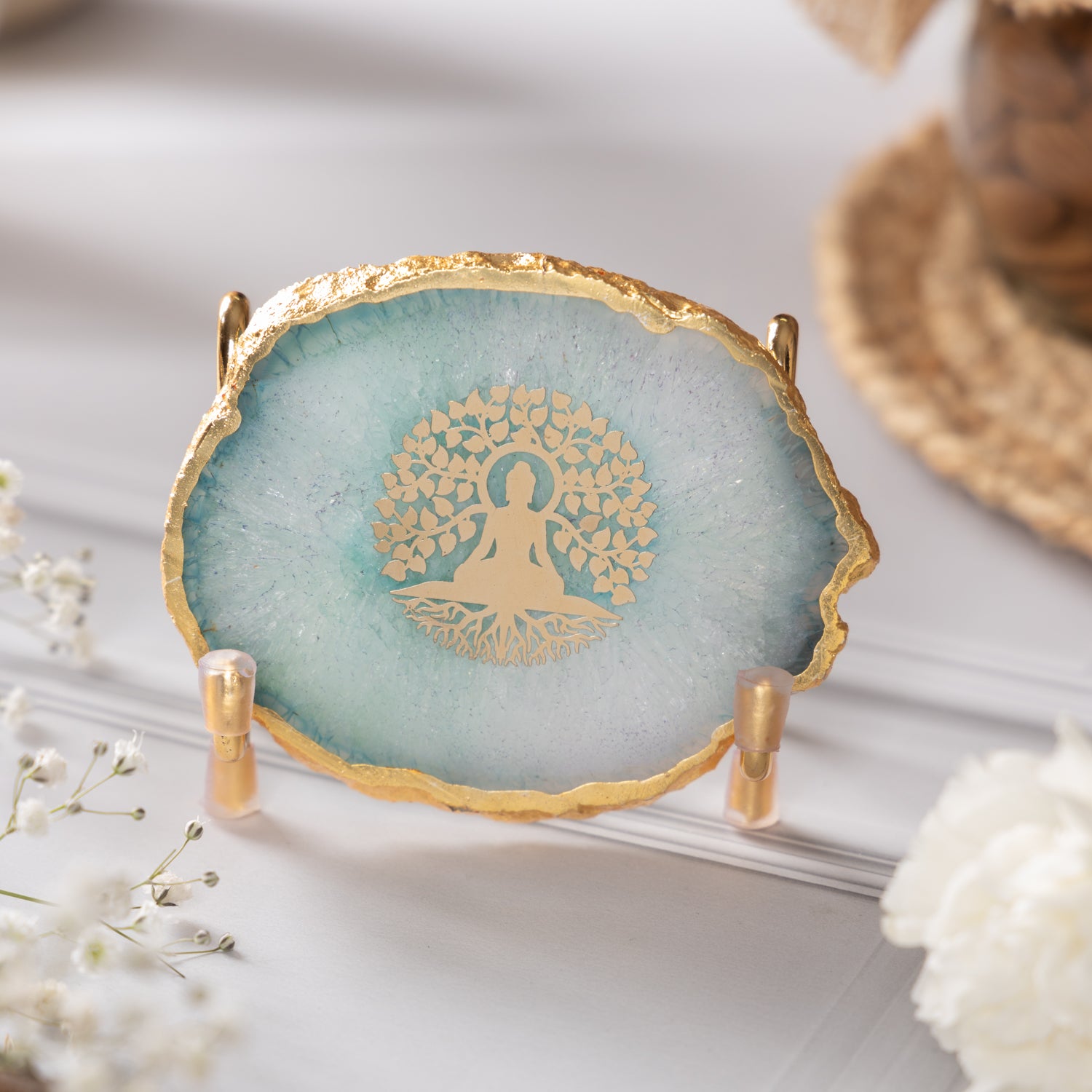 Budha Tree Green Agate Metal Showpeice